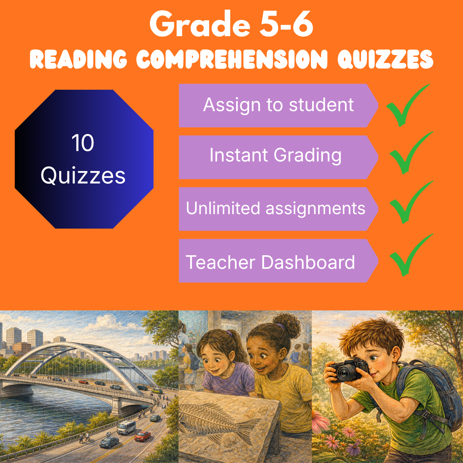 Grade 5 to 6 Reading Comprehension Quiz Bundle (10 quizzes) - Supported Learning Quizzes