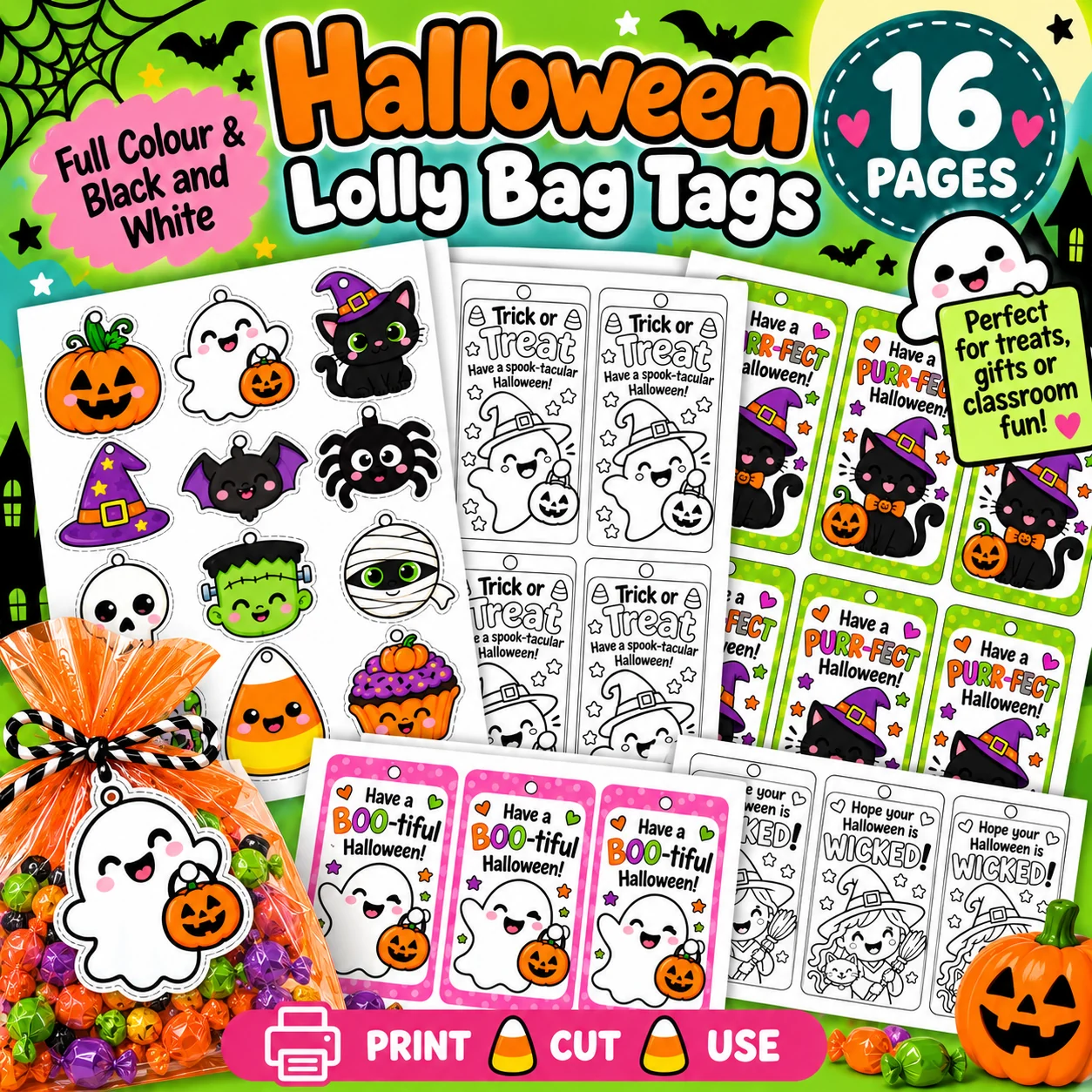 Halloween Lolly Bag Tags | 16 Printable Pages | Full Color & Color Your Own