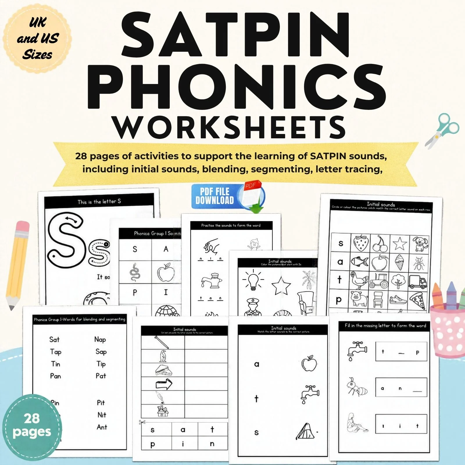 SATPIN Phonics Worksheets | Beginning Sounds, CVC Words & Letter Tracing