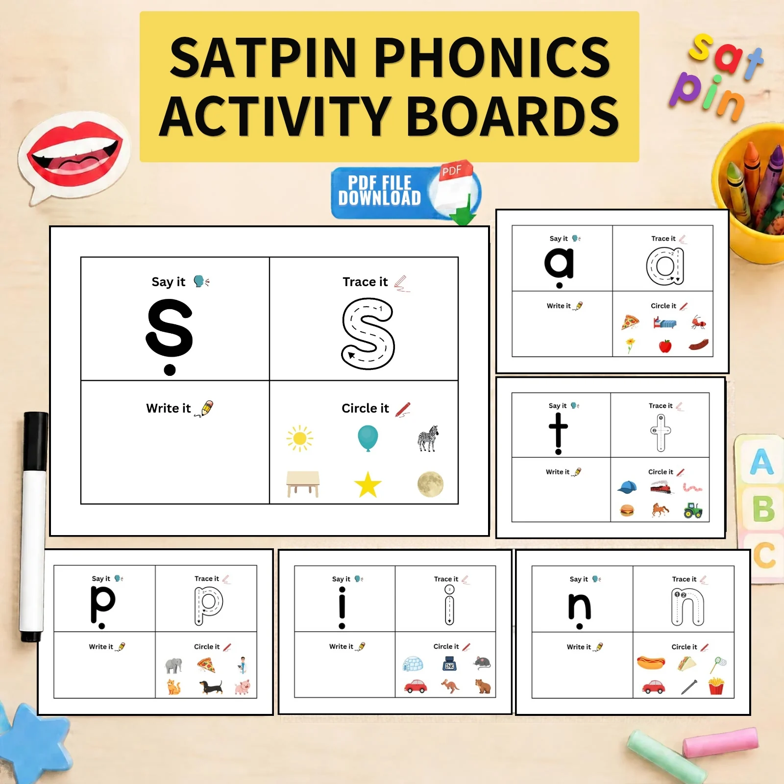 SATPIN Phonics Sounds Activity Mats | Group 1 Boards | Beginning Sounds Practice