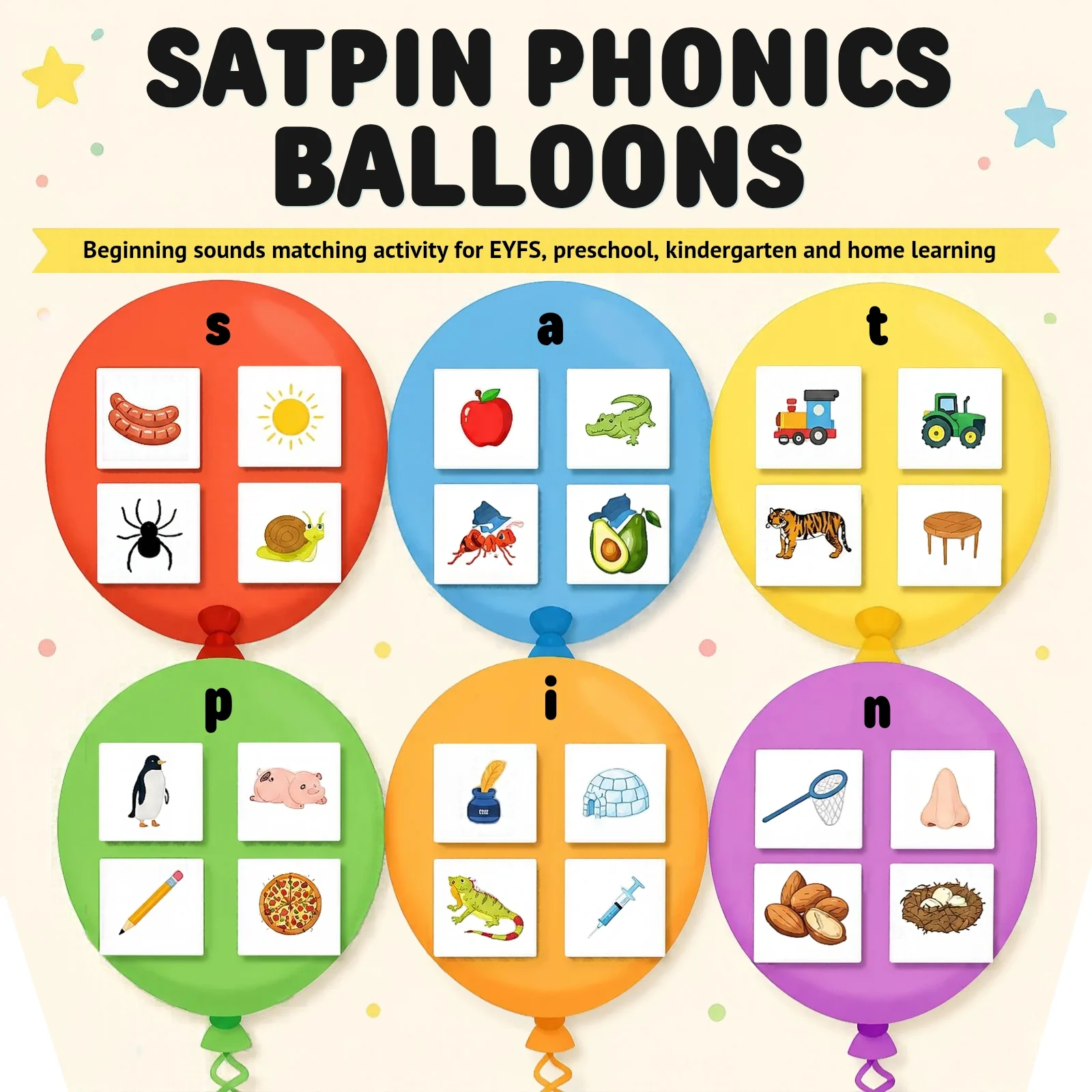 SATPIN Phonics Beginning Sounds Matching Balloon Activity