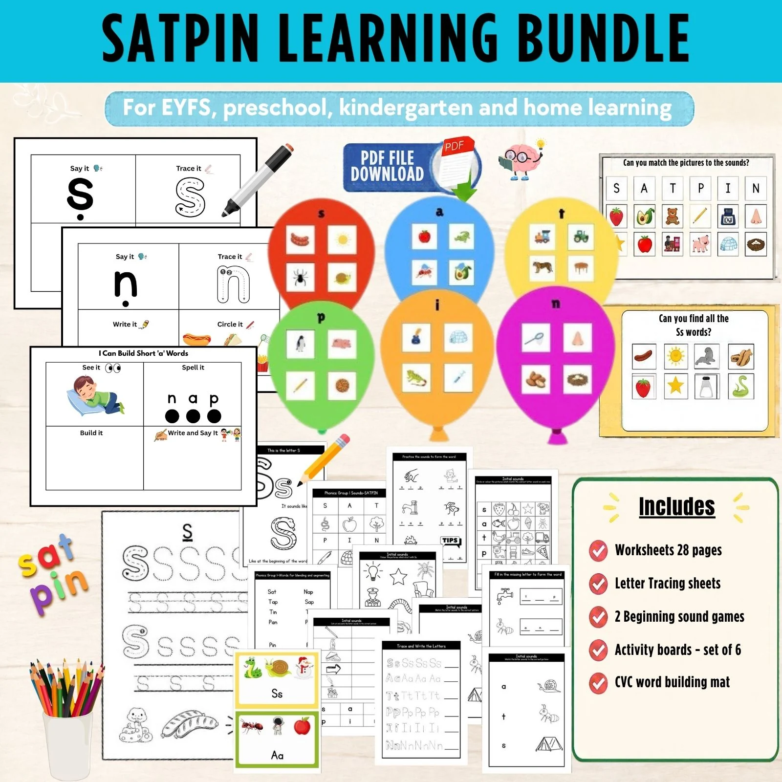 SATPIN Phonics Bundle - Worksheets, Games, Beginning Sounds Activity Boards & CVC Word Building Mat