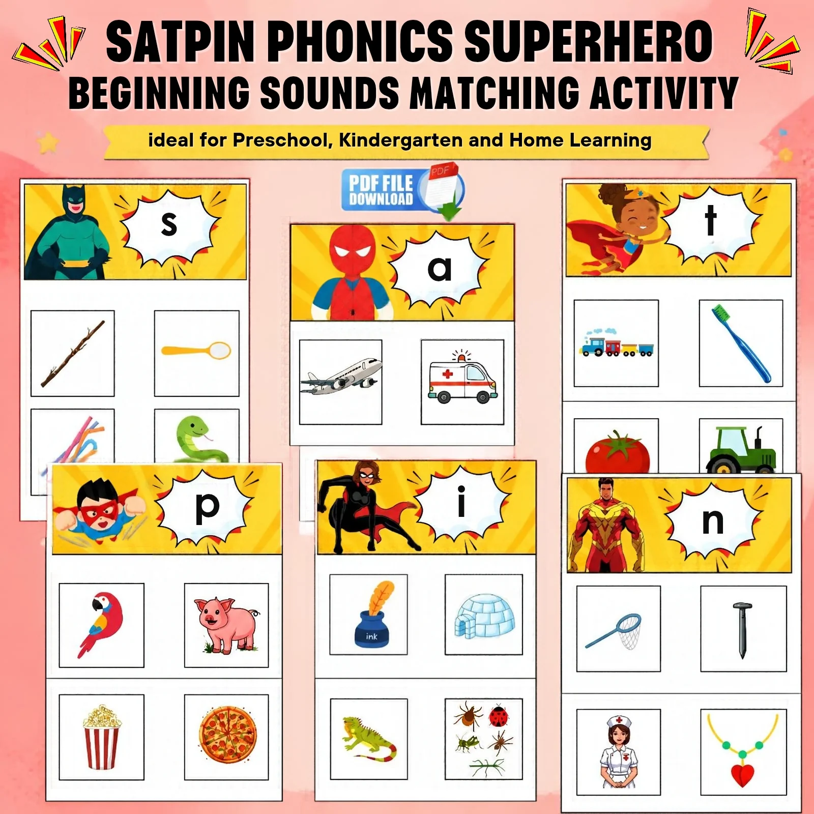 SATPIN Phonics Superhero Activity Boards | Beginning Letter Sounds Matching Mats