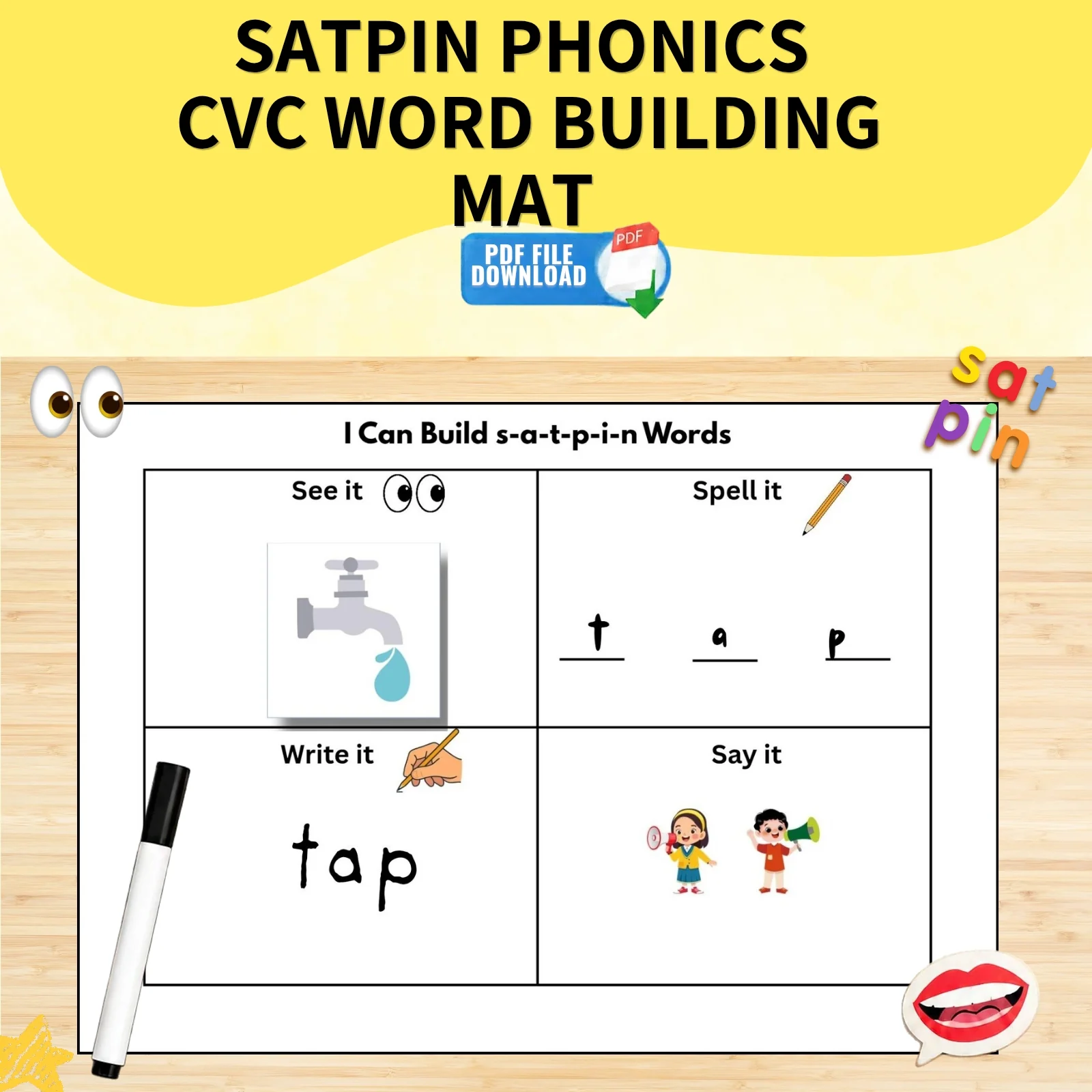 SATPIN Phonics CVC Word Building Blending Activity Mat with Pictures | Segmenting Sounds Board