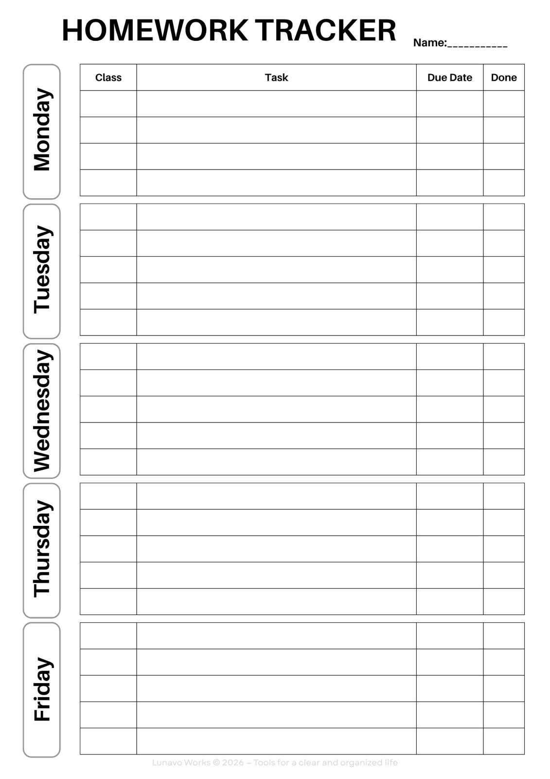 Homework Tracker Worksheet | Printable Weekly Homework Planner