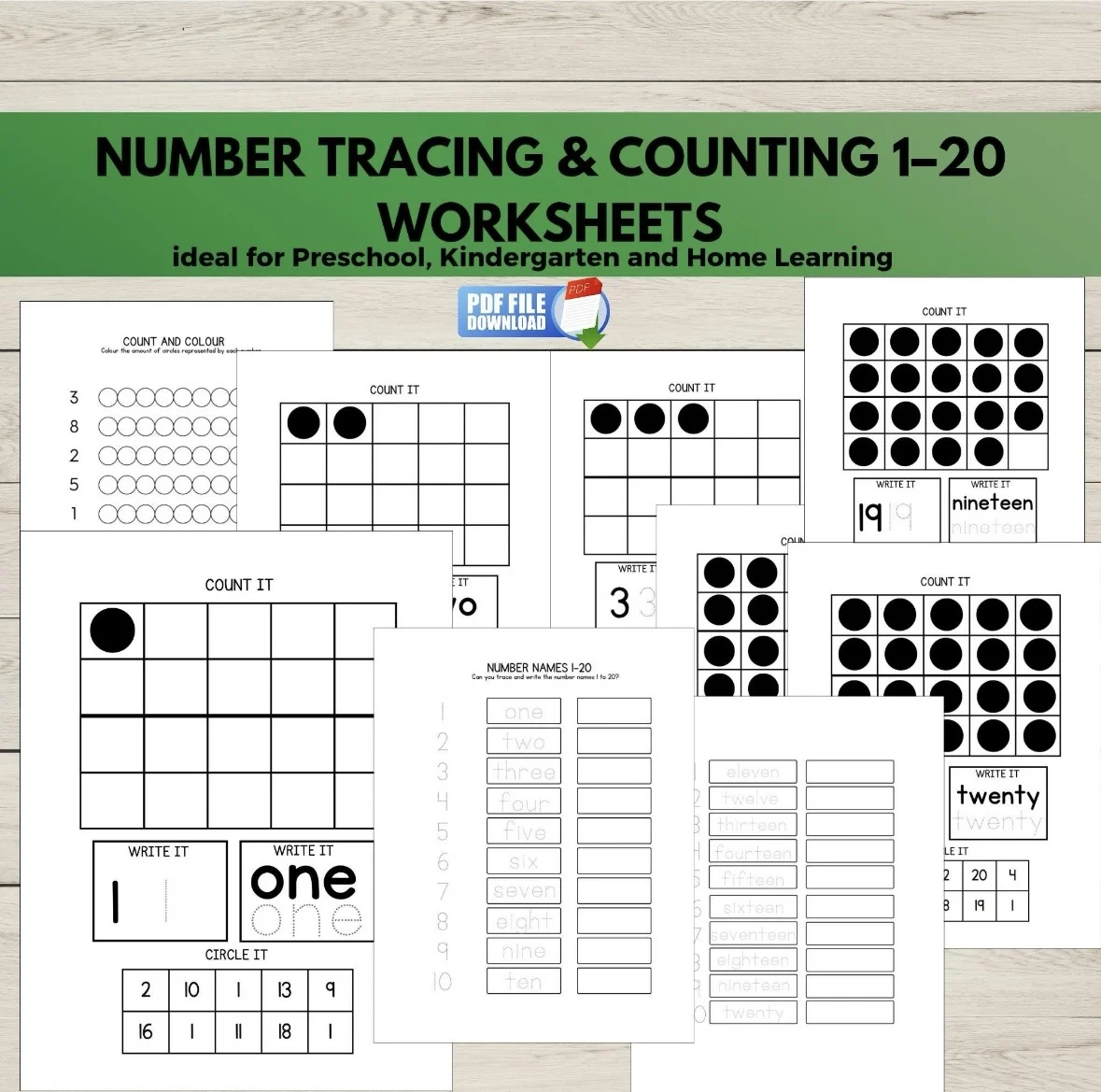 Number Tracing & Counting to 20 Worksheets | Preschool Kindergarten Math
