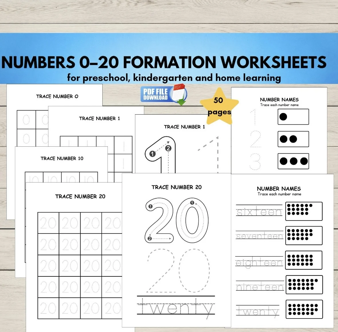 Number Tracing to 20 & Formation Worksheets for Preschool & Kindergarten