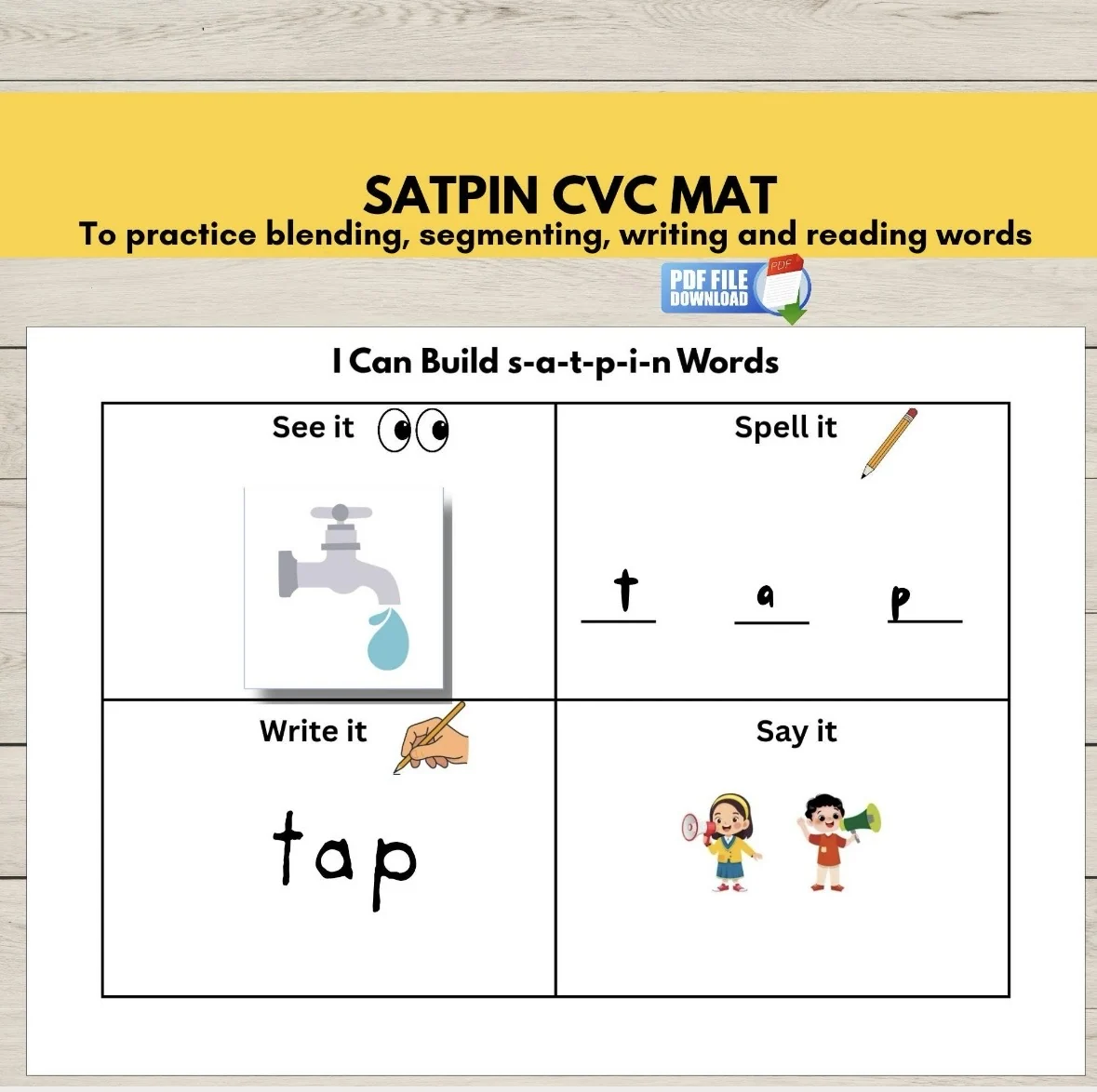 SATPIN Phonics CVC Word Building Blending Activity Mat with Pictures | Segmenting Sounds Board