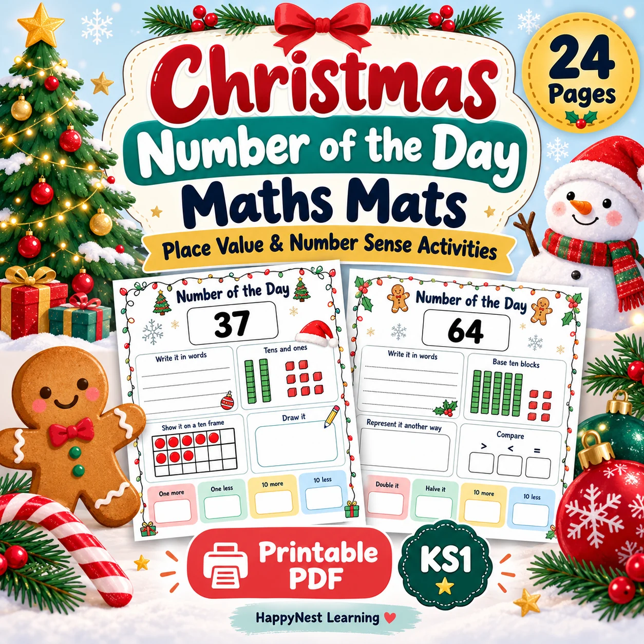 Christmas Number of the Day Maths Mats | Place Value & Number Sense Worksheets | Grades 1–2
