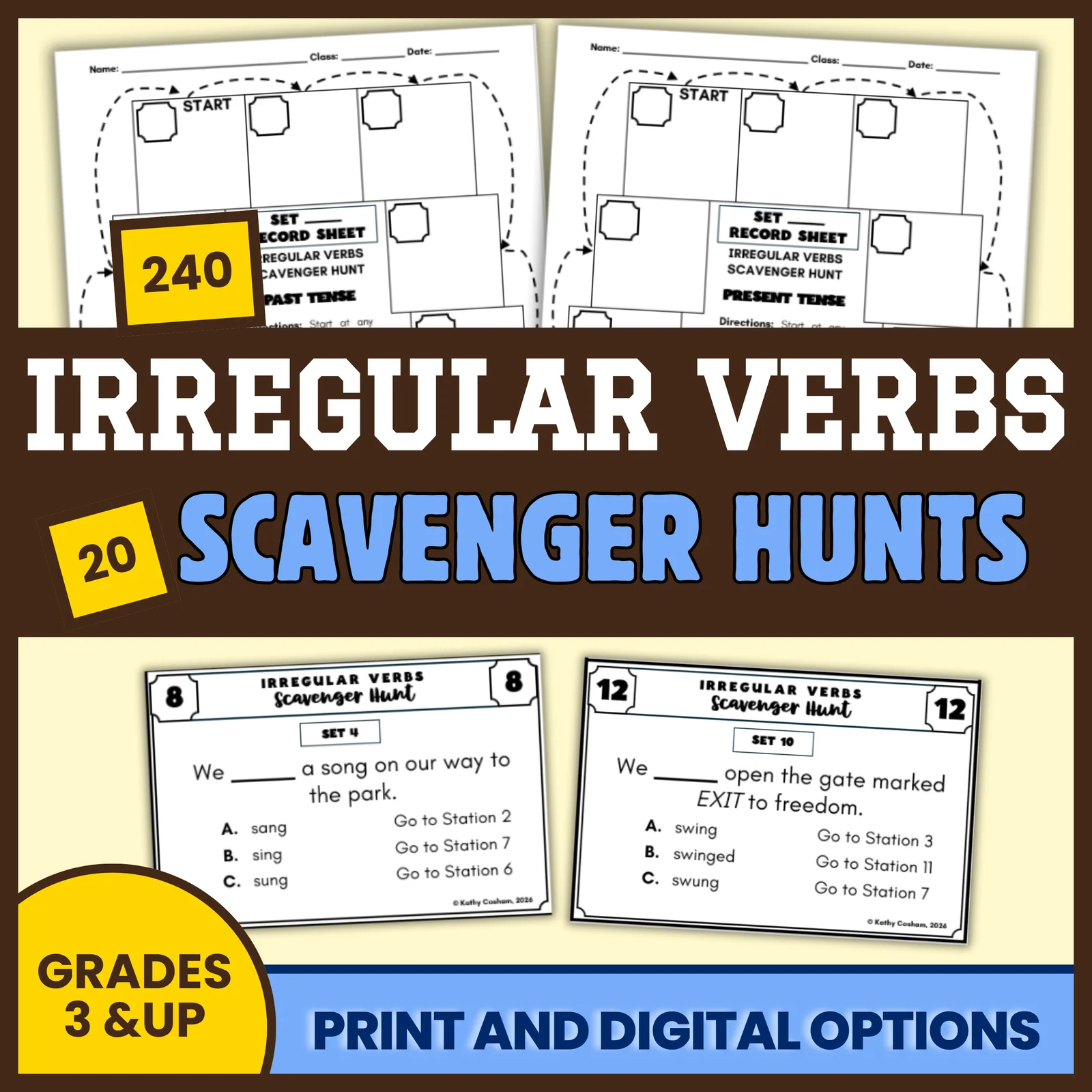 Irregular Verbs Scavenger Hunt, 240 Verbs, 20 Hunts, Grades 3+, Print & Digital