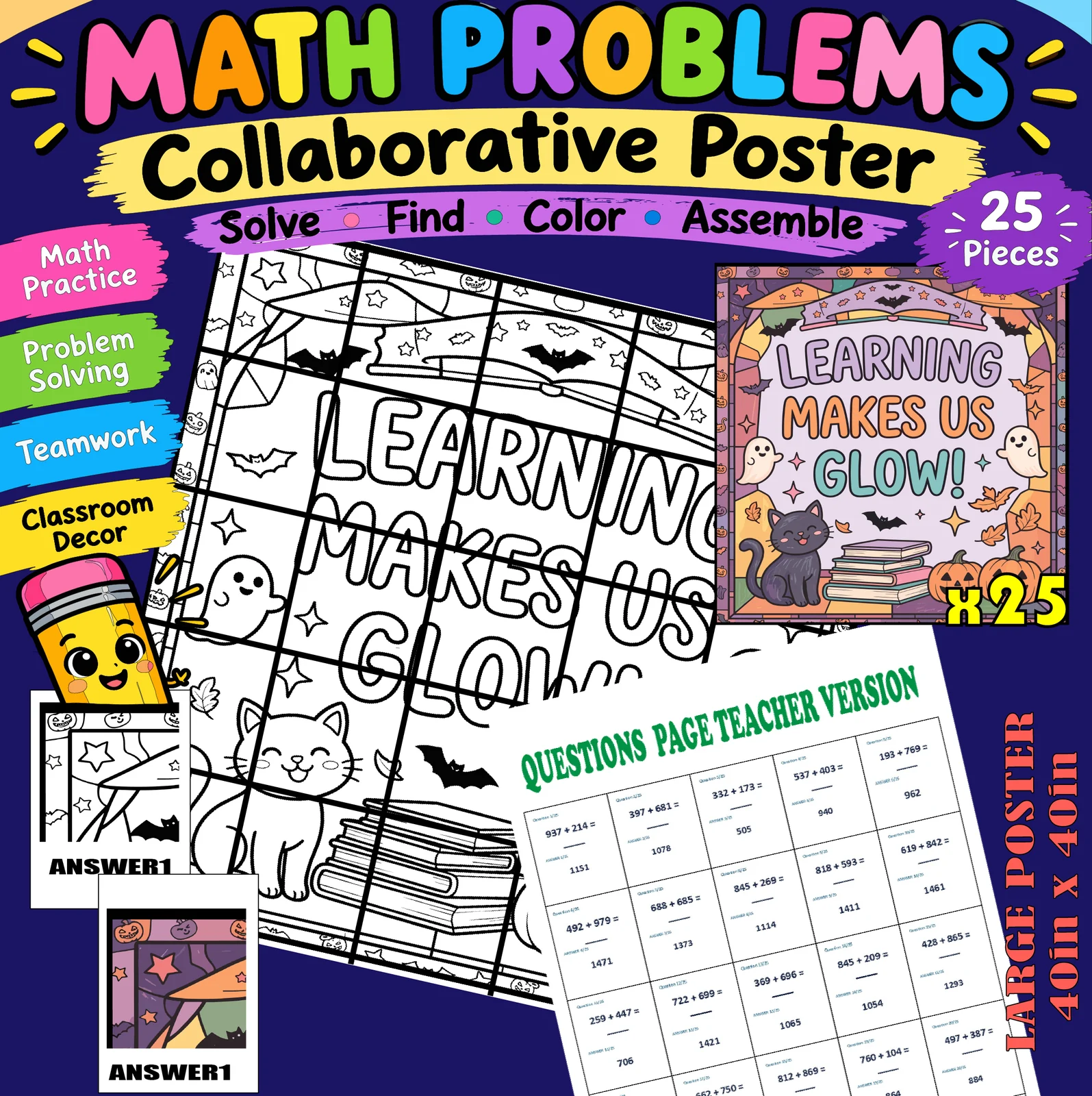 Math Problems Collaborative Poster | Solve, Find, Color & Assemble | 3 digits addition activity
