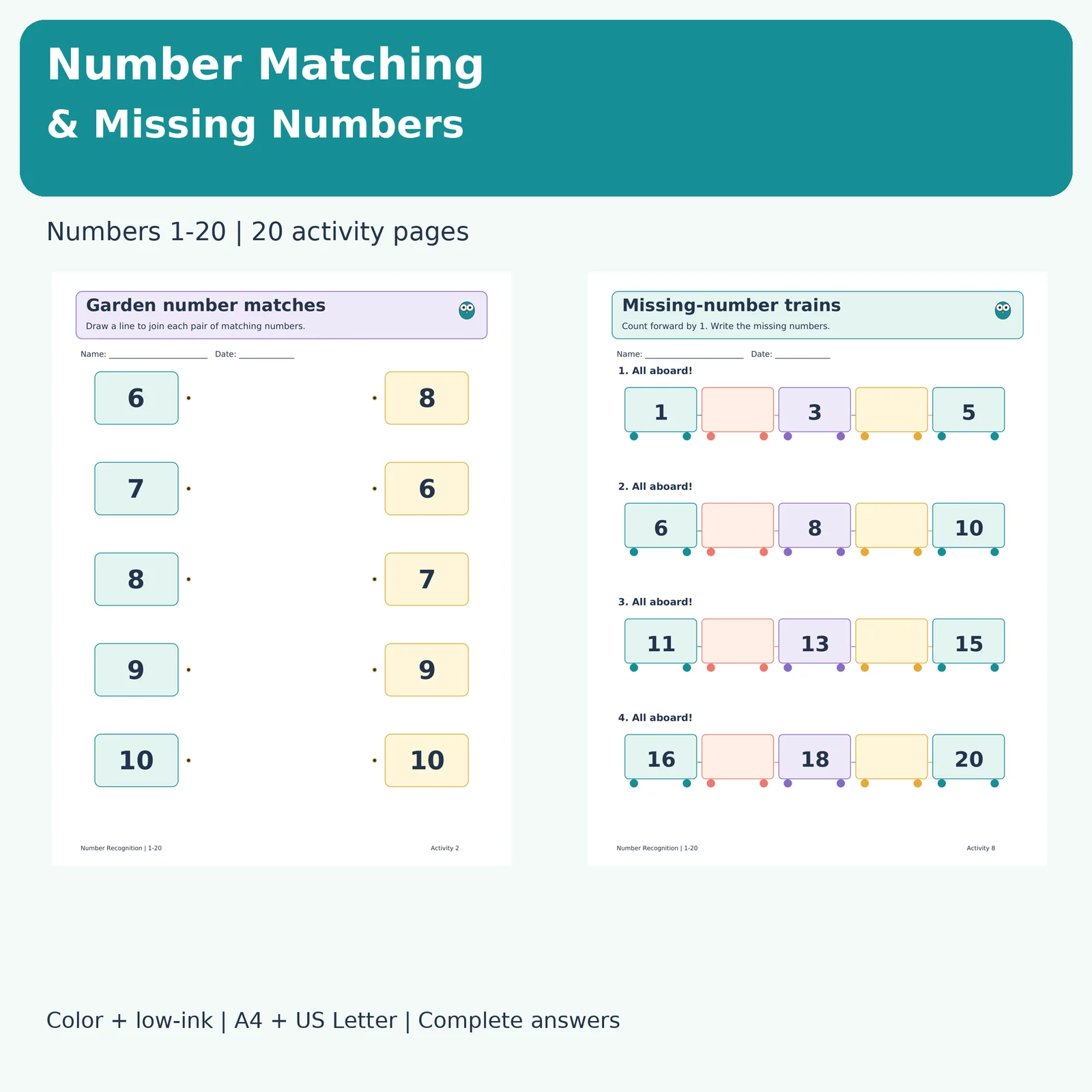 Number Matching & Missing Numbers 1-20 | Colorful Number Recognition Activities