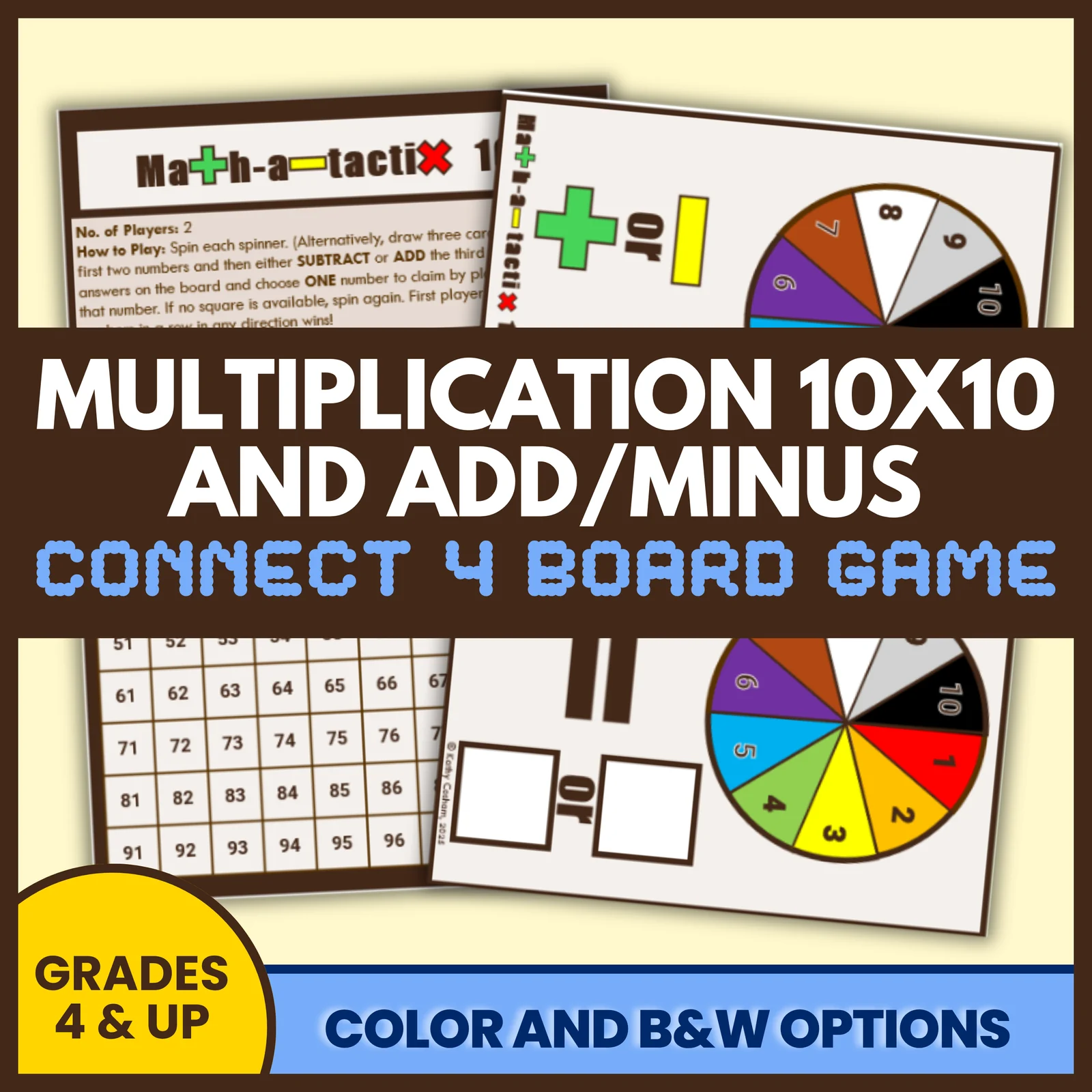 Multiply to 10 x 10 and Add/Minus Connect 4 Board Game — Grades 4 & Up