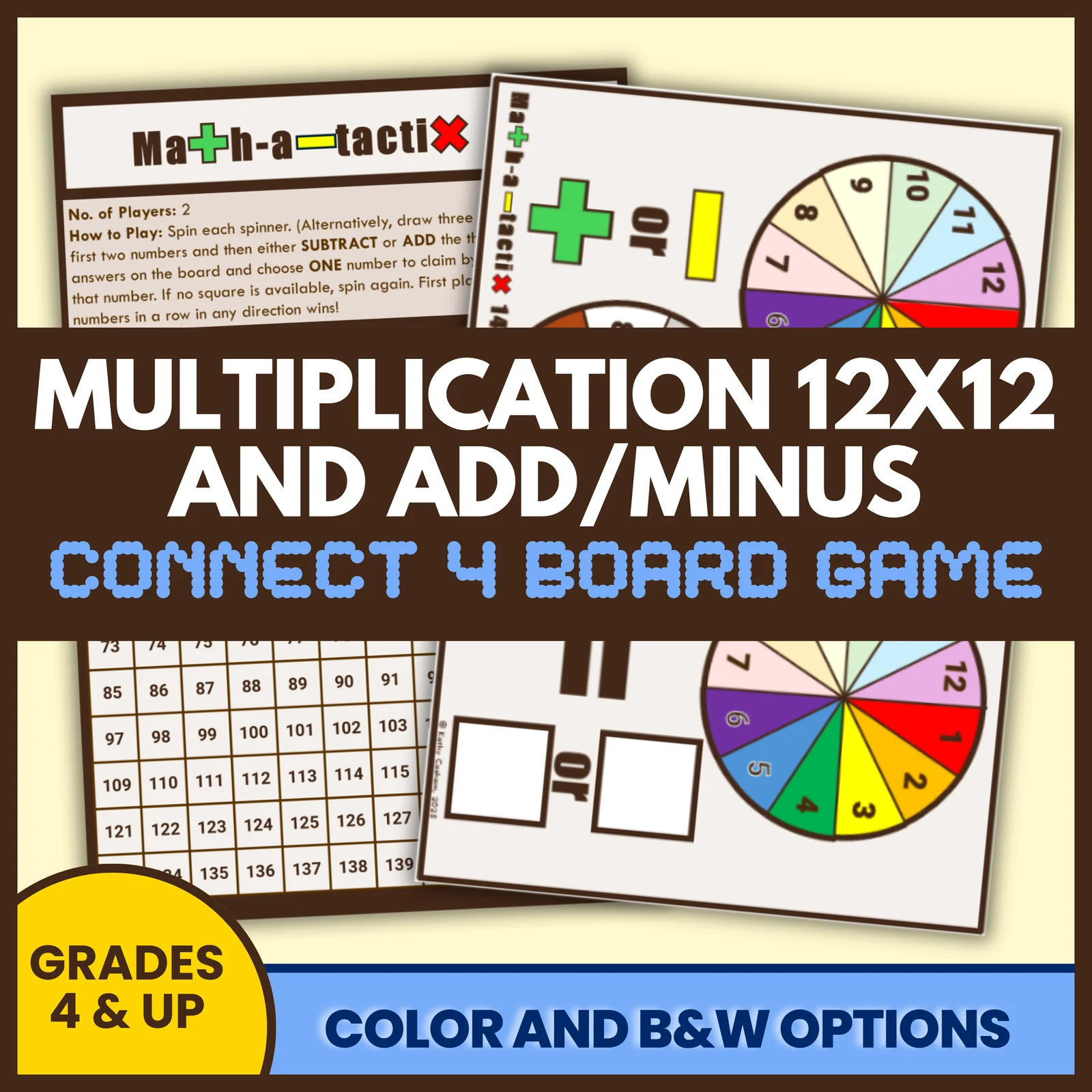 Multiply to 12 x 12 and Add/Minus Connect 4 Board Game — Grades 4 & Up