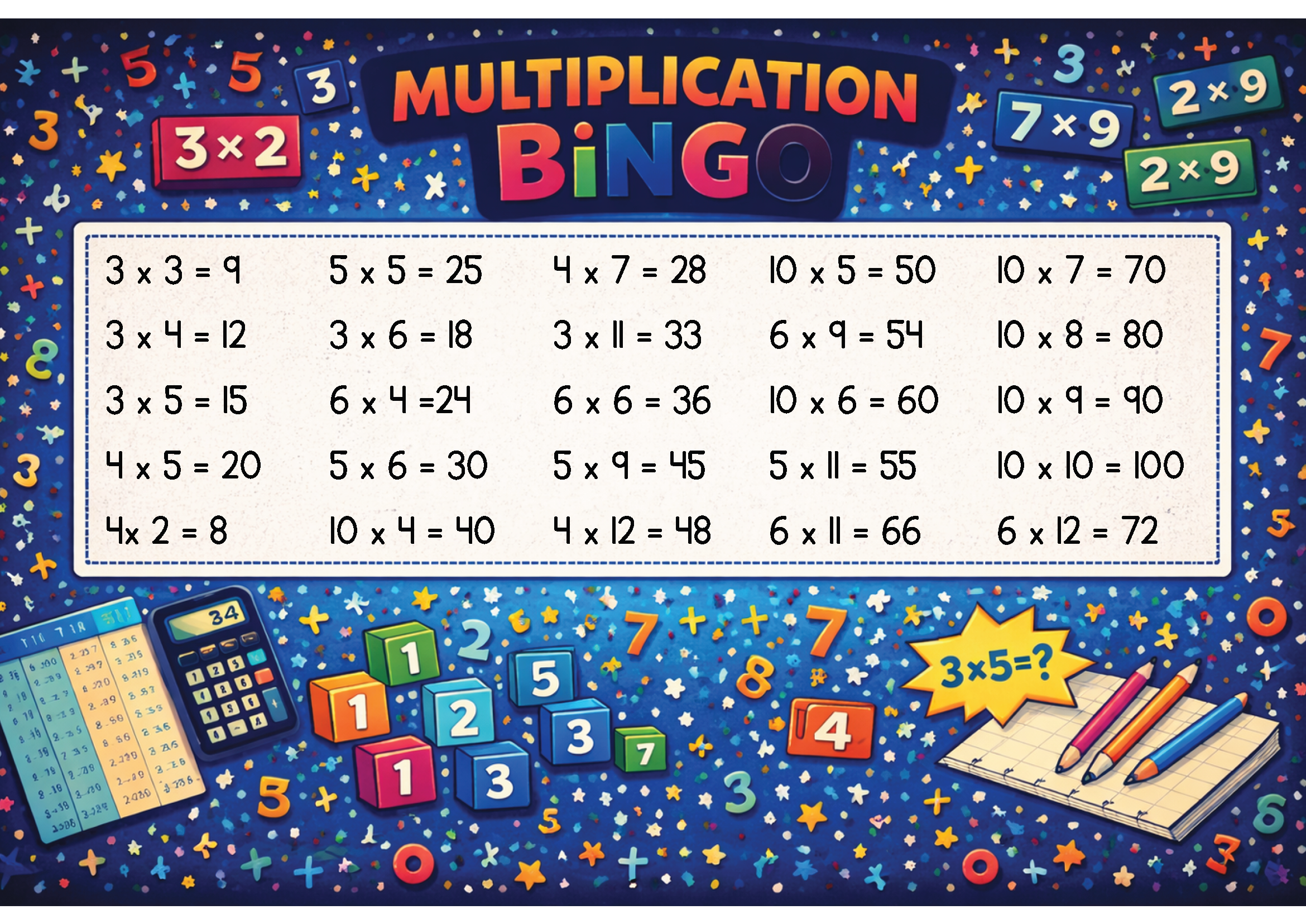 Multiplication Bingo - Mixed times tables facts - Grades 3-6