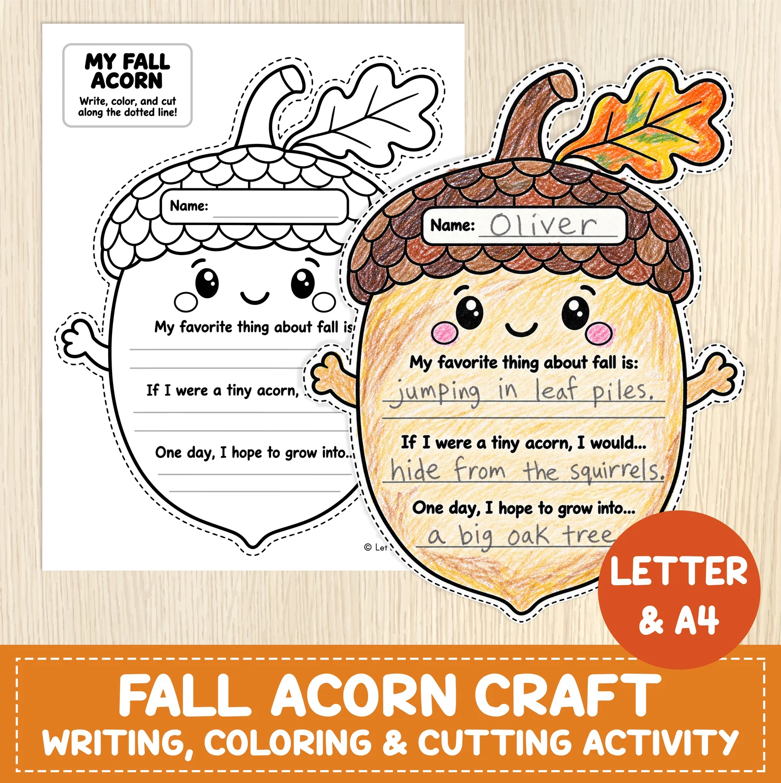 Fall Acorn Craft Writing — Autumn Coloring & Cutting Activity — Fall Worksheet — Fall Educational Game