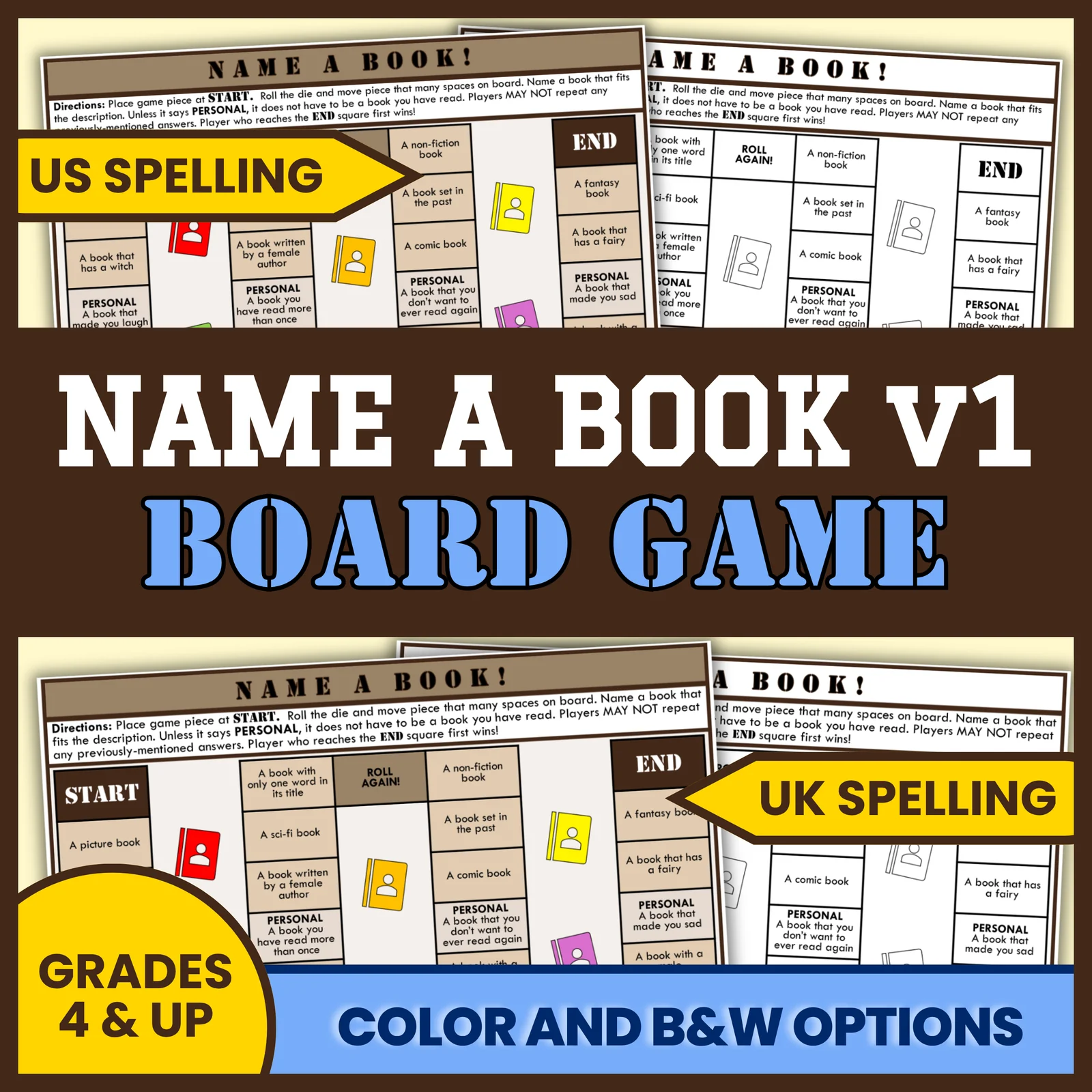 Name a Book Board Game for Grades 4 & Up, Literacy Centers — US and UK Spelling