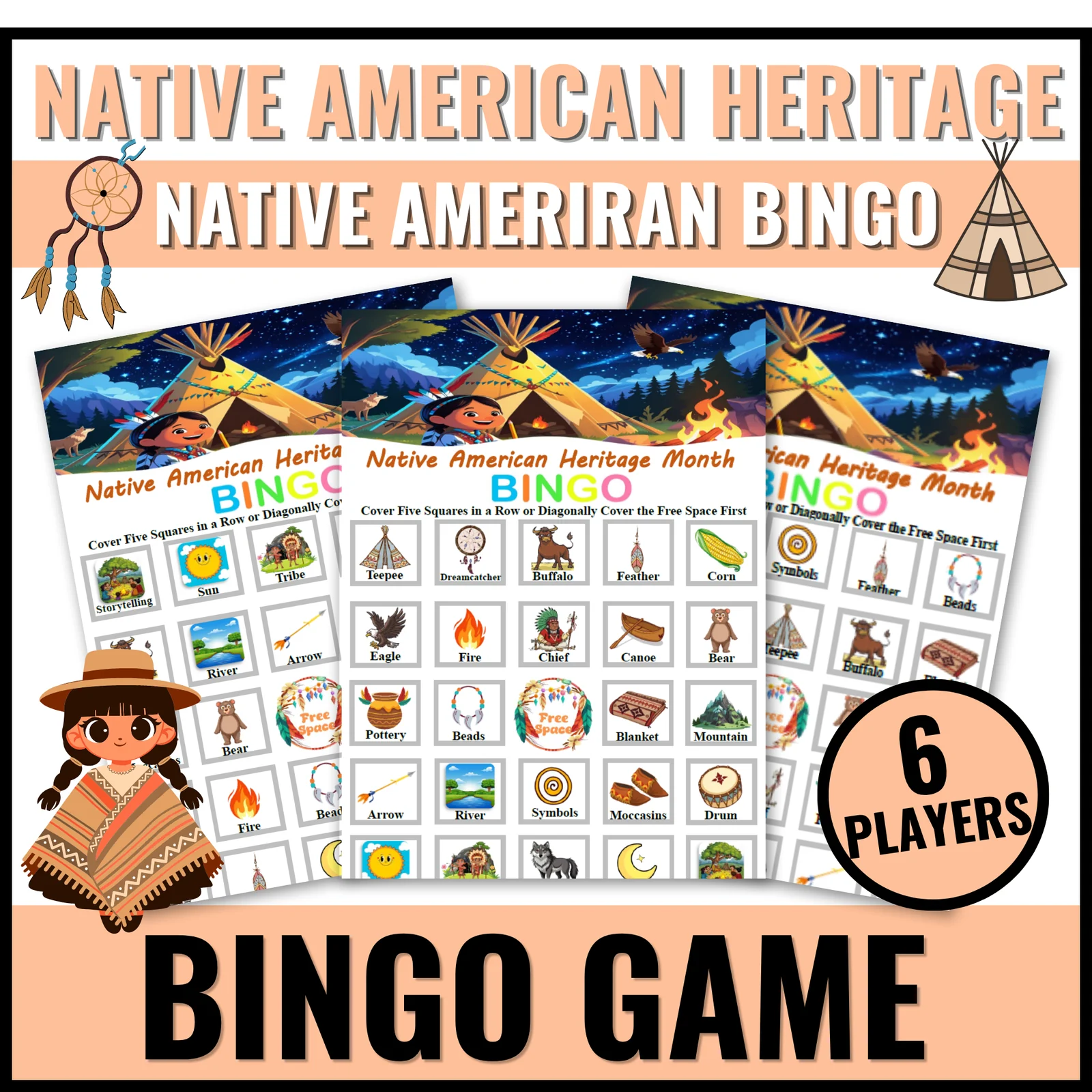 Native American Heritage Month Bingo Game for Pre-K, Kindergarten - 3rd