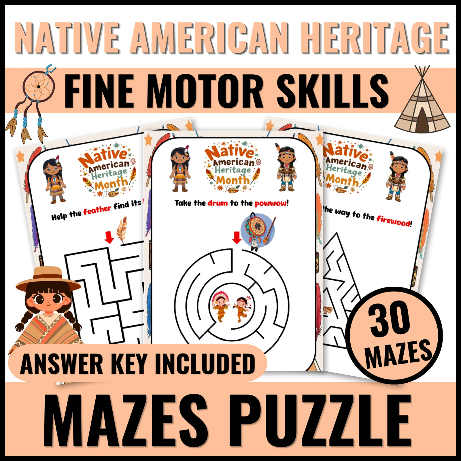 Native American Heritage Month Mazes for Preschool and Kindergarten Fun Activity