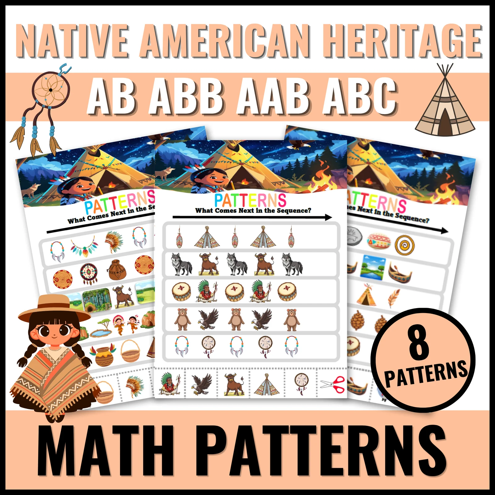 Native American Heritage Month Worksheets Finish the Pattern PreK, Kindergarten