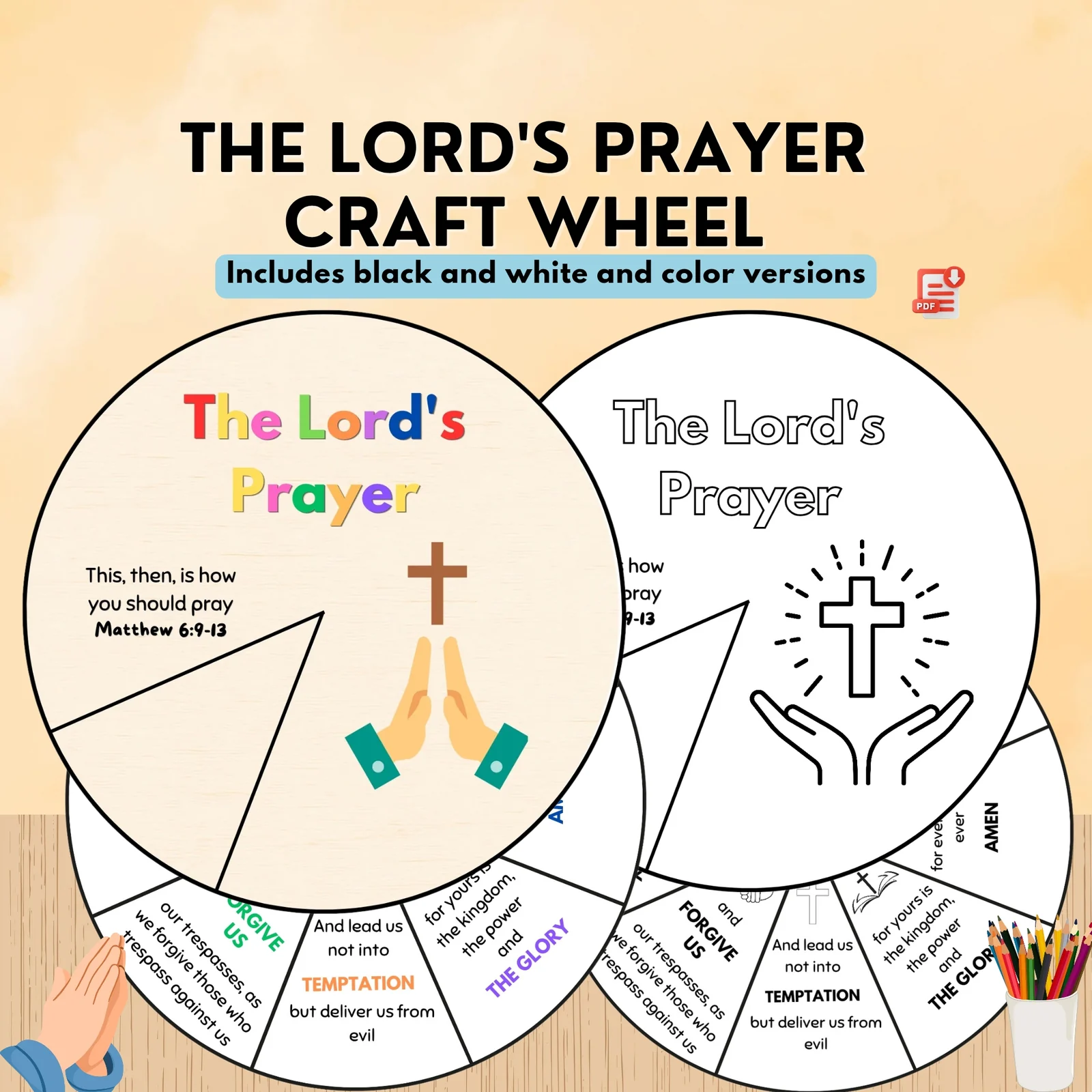 The Lord's Prayer Coloring Wheel Craft, Bible Activity, Sunday School Lesson, Children's Church, Matthew 6:9–13