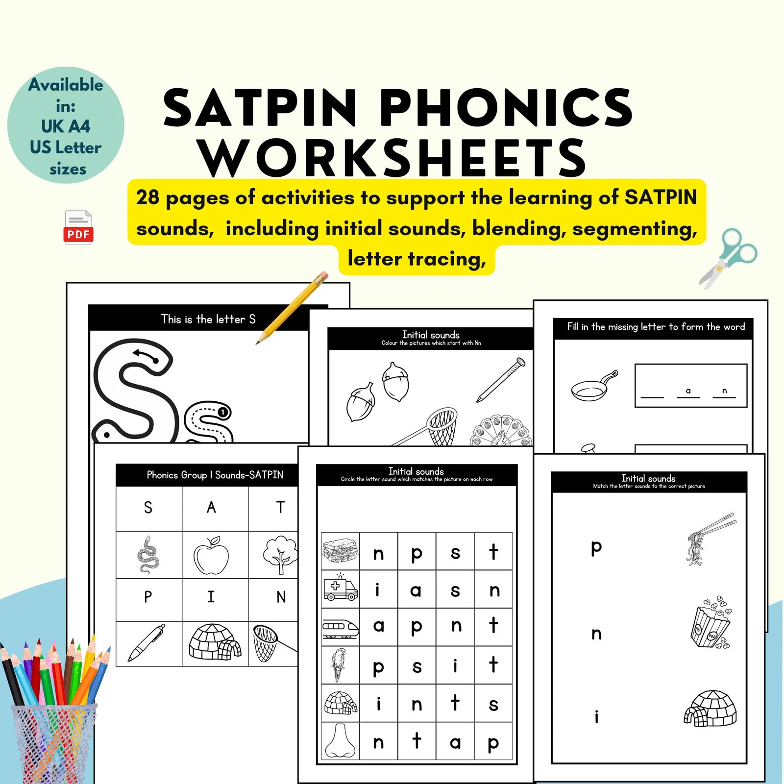 SATPIN Phonics Worksheets | Beginning Sounds, CVC Words & Letter Tracing