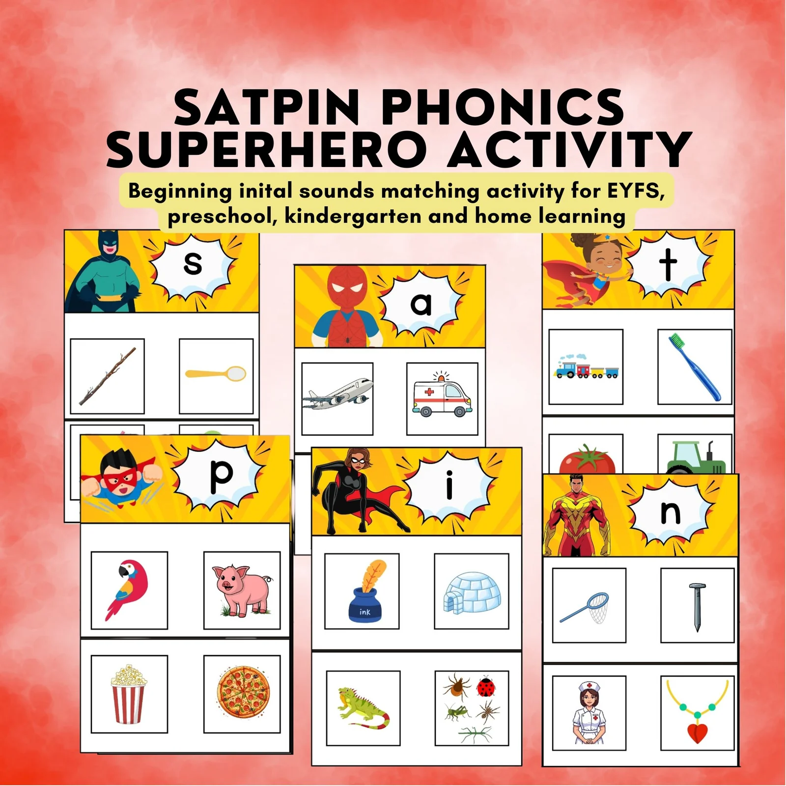 SATPIN Phonics Superhero Activity Boards | Beginning Letter Sounds Matching Mats