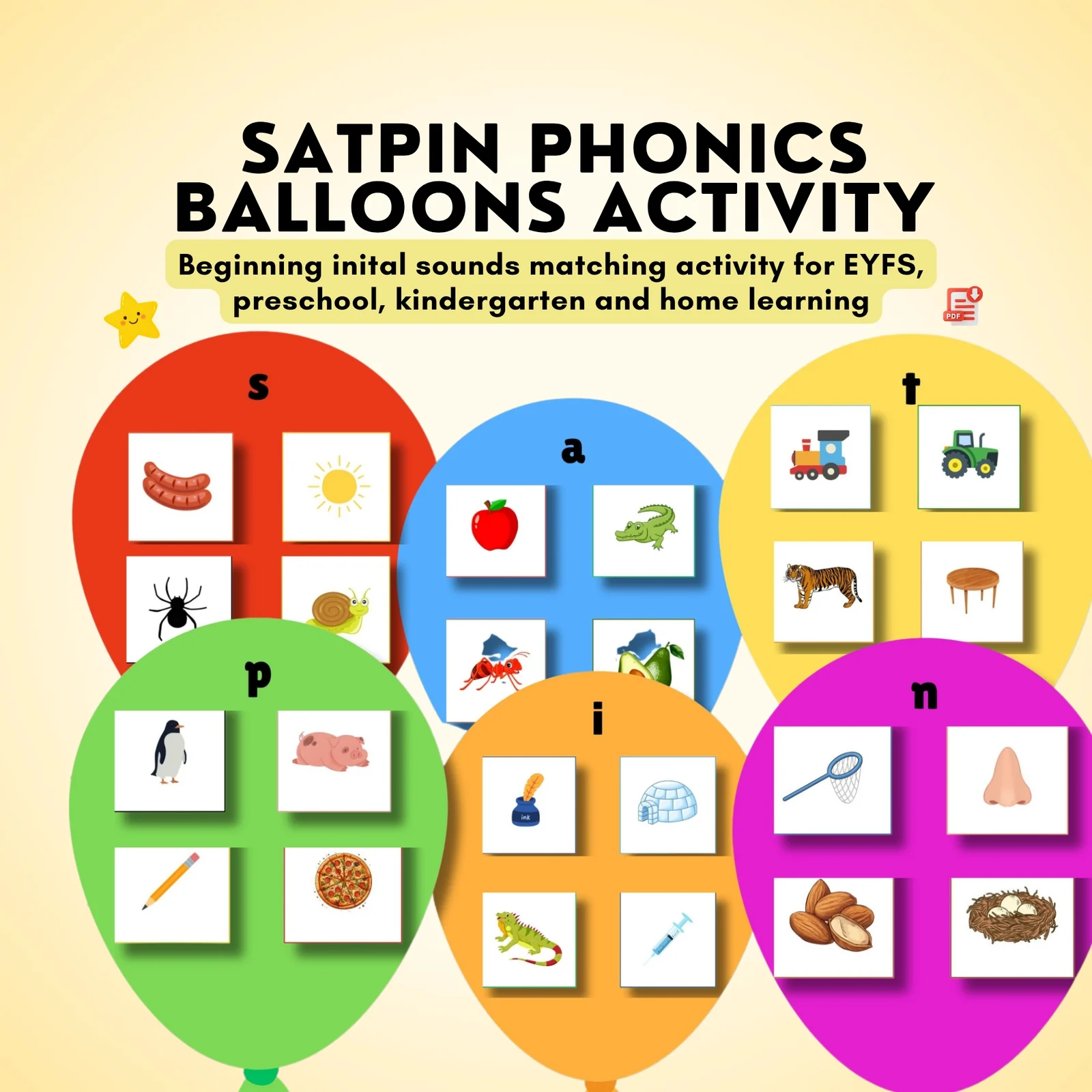 SATPIN Phonics Beginning Initial Sounds Matching Balloon Activity