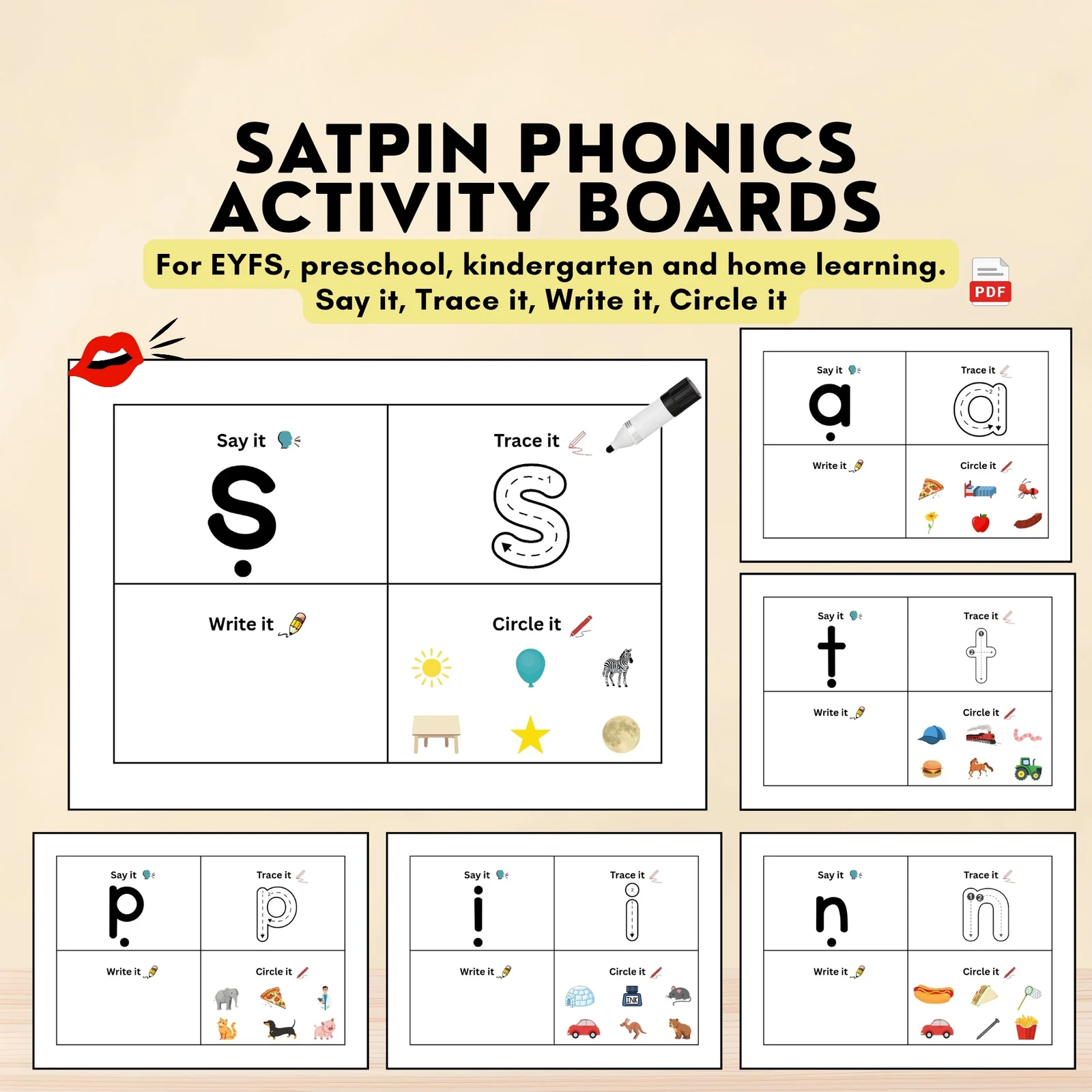SATPIN Phonics Sounds Activity Mats | Group 1 Boards | Beginning Sounds Practice
