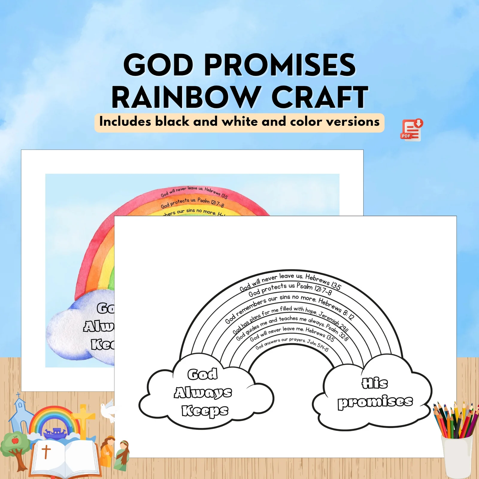 God Promises Rainbow Coloring Craft | Sunday School Bible Lesson Activity