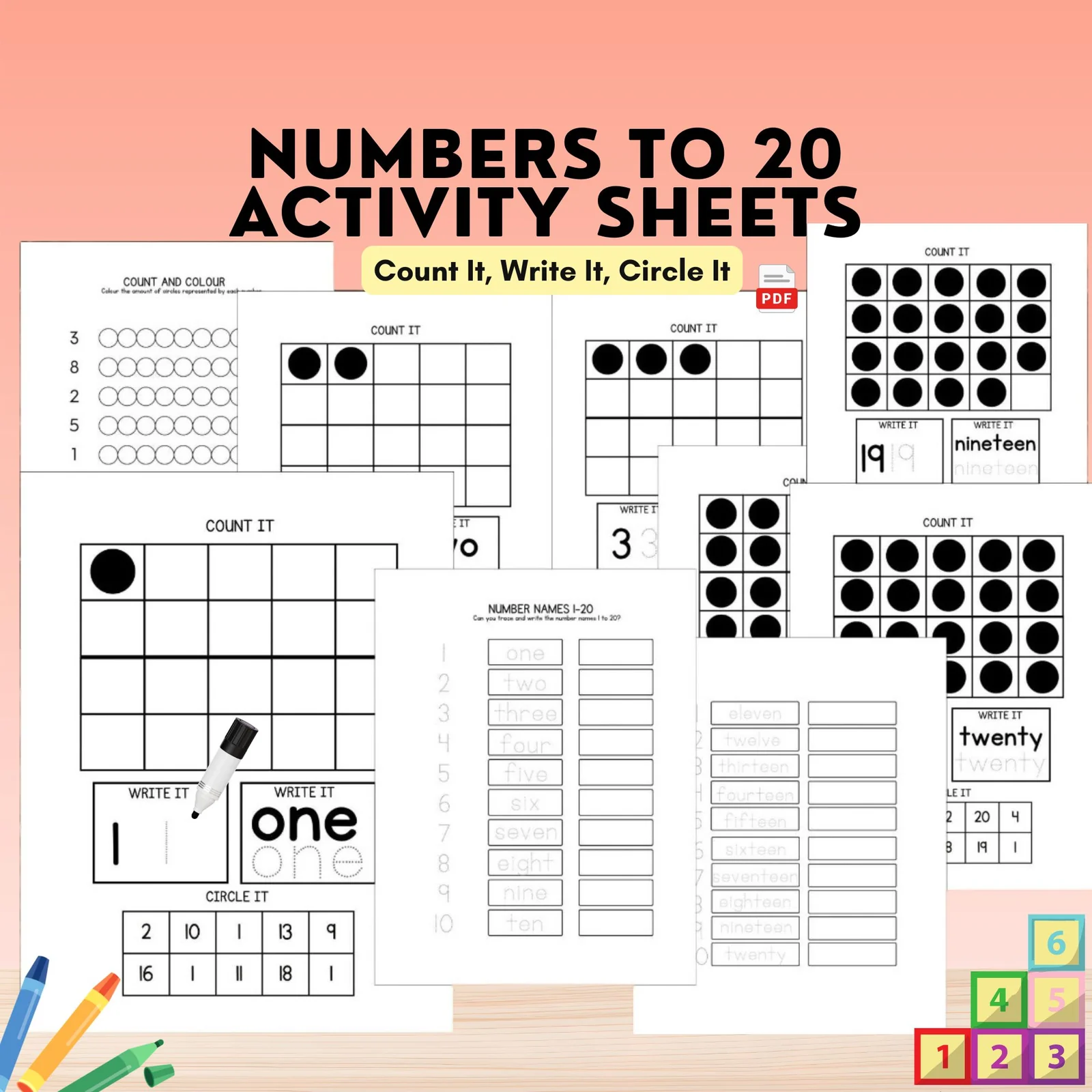 Number Tracing & Counting to 20 Worksheets | Preschool Kindergarten Math