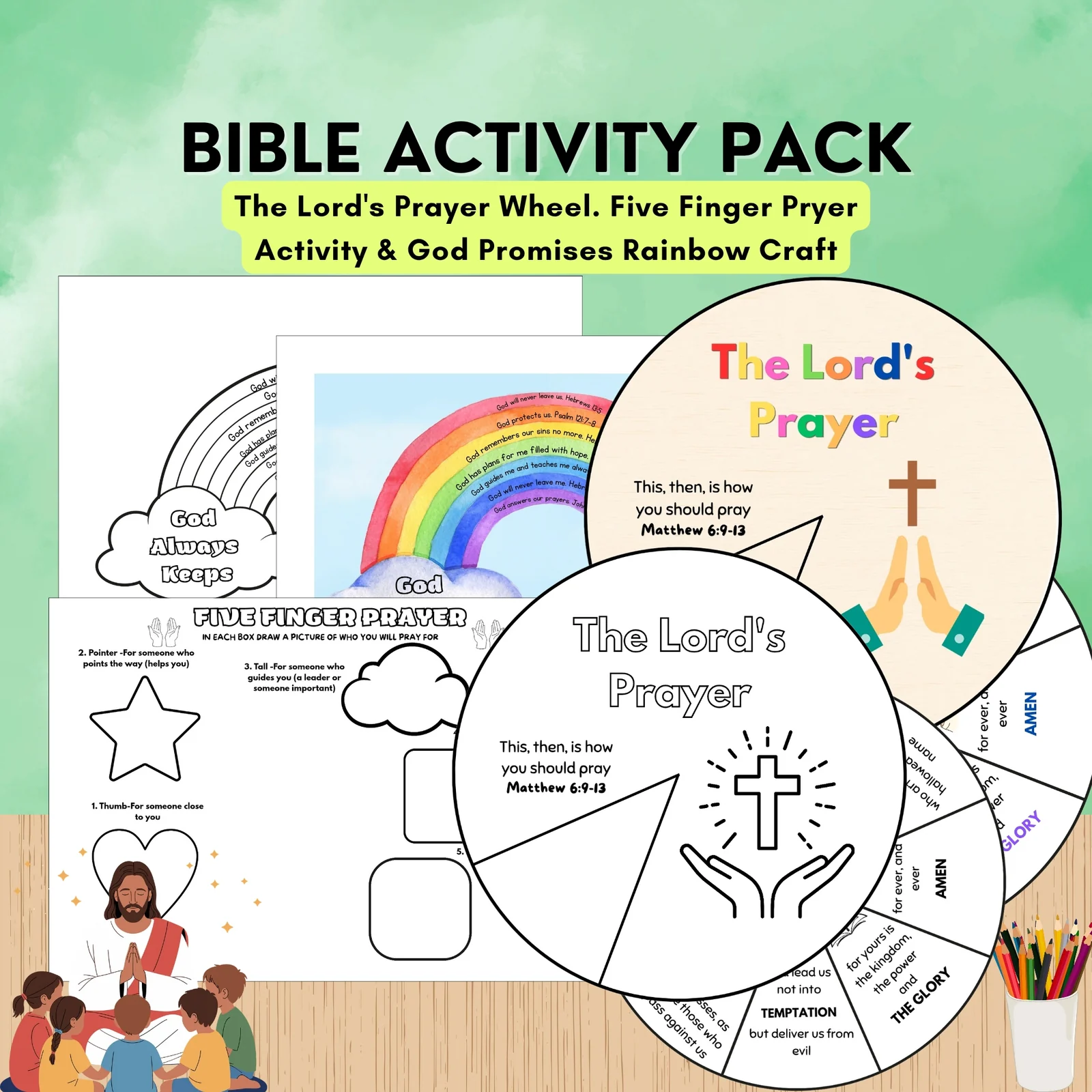 Bible Activity Pack | The Lord's Prayer Wheel | Five Finger Craft| God Promises