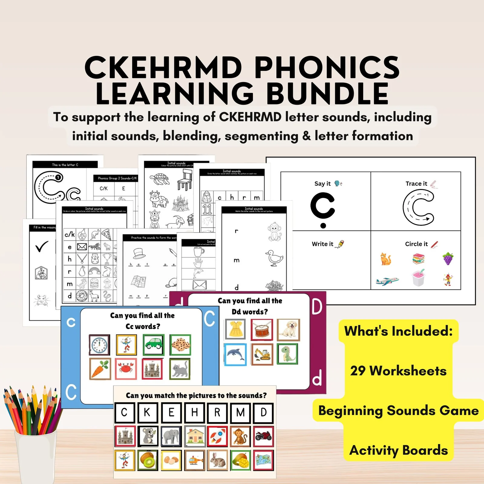 CKEHRMD Phonics Letter Sounds Bundle | Worksheets, Game & Activity Board