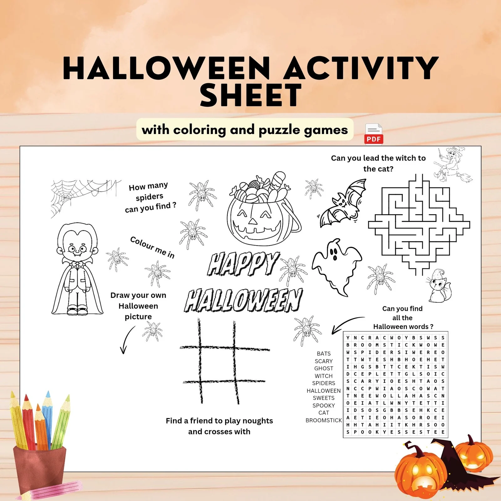 Halloween Actvity Sheet | Coloring, Puzzles Games Page | Party Table Placemat