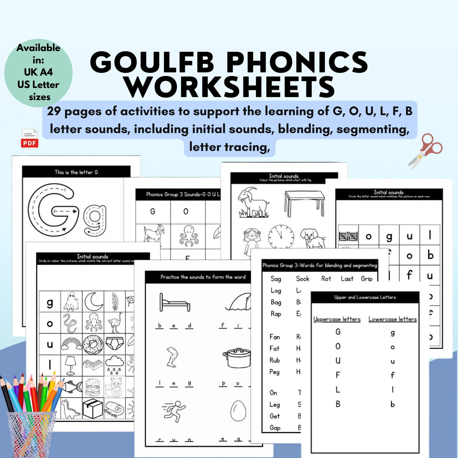 GOULFB Phonics Group 3 Worksheets | Initial Sounds | CVC Words | Letter Tracing Practice