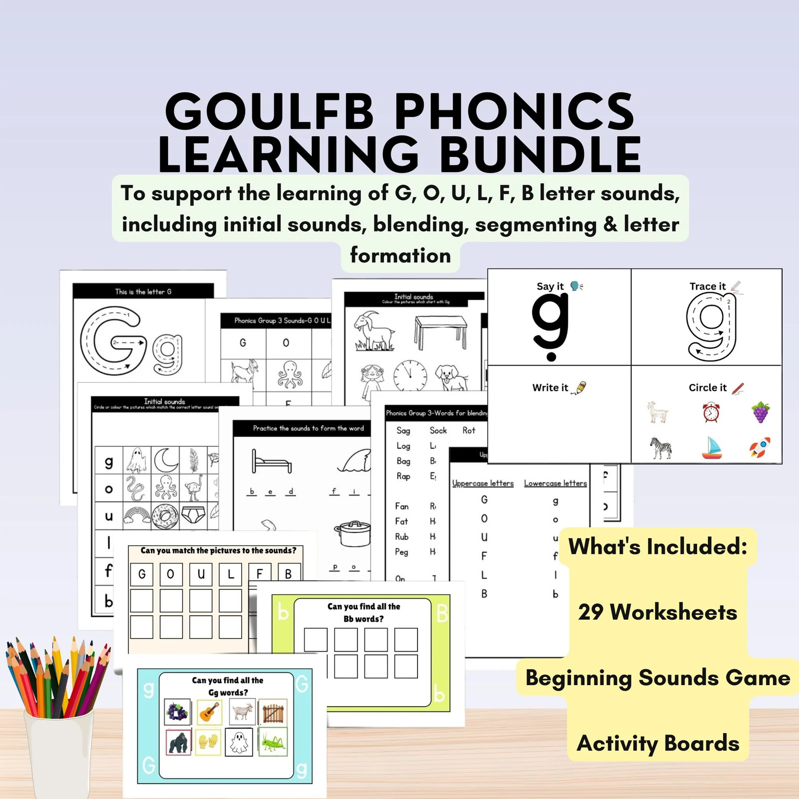 GOULFB Phonics Group 3 Sounds Bundle | Worksheets, Activity Board & Game