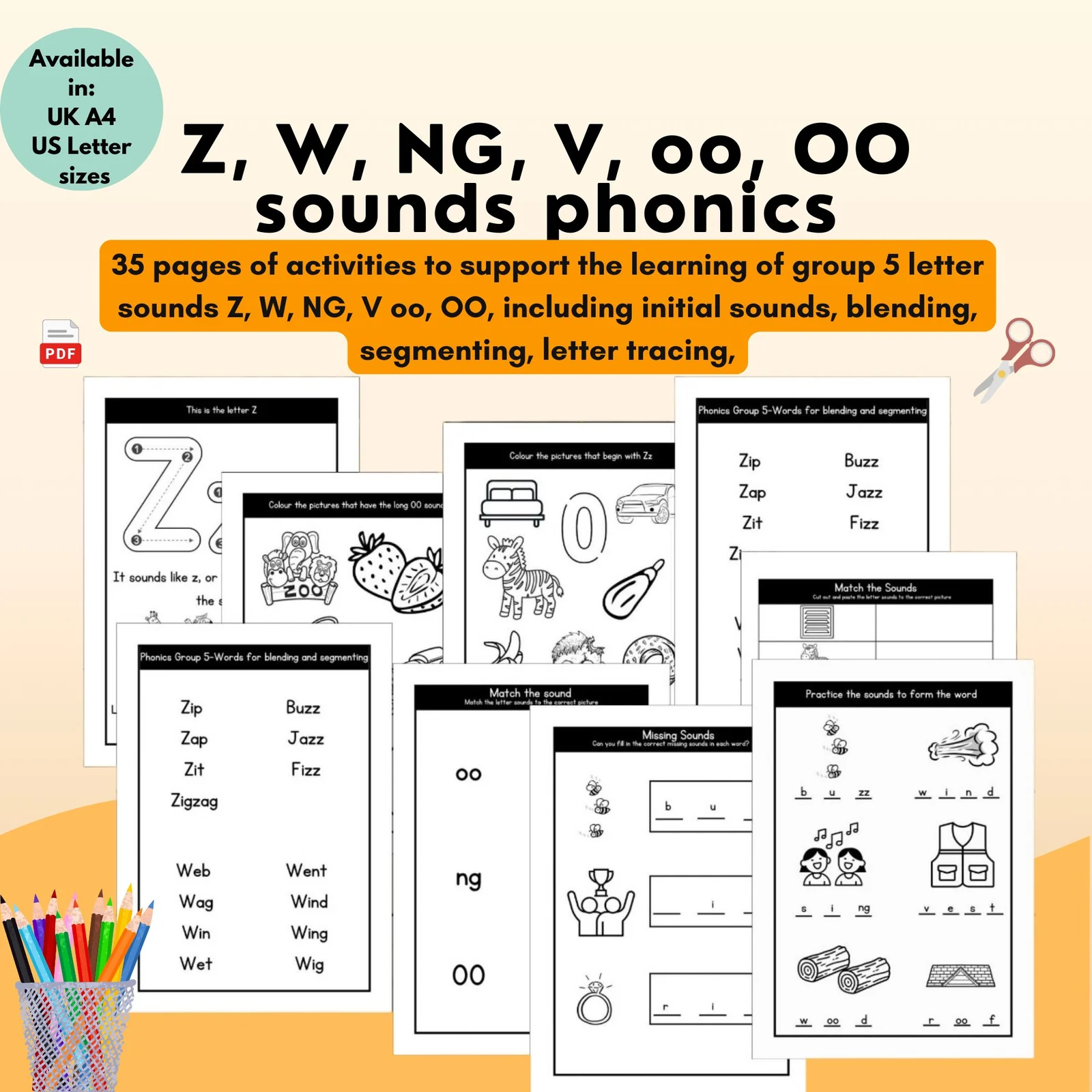 Phonics Z W NG V oo OO Letter Sounds Worksheets | Group 5 Letter Tracing, CVC Words, Blending & Segmenting