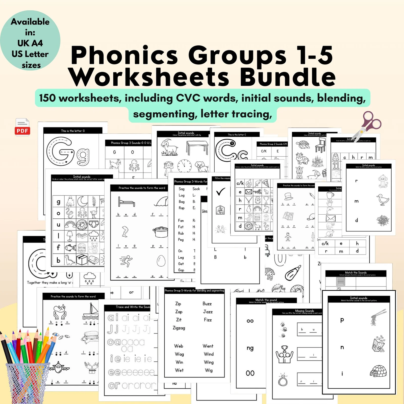 Phonics Worksheets Group 1-5 Bundle | Blending & Segmenting, Letter Tracing & CVC Words