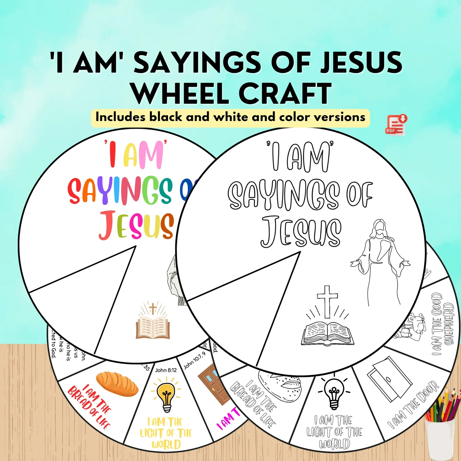 I Am Sayings of Jesus Bible Coloring Wheel Craft Spinner | Bible Activity