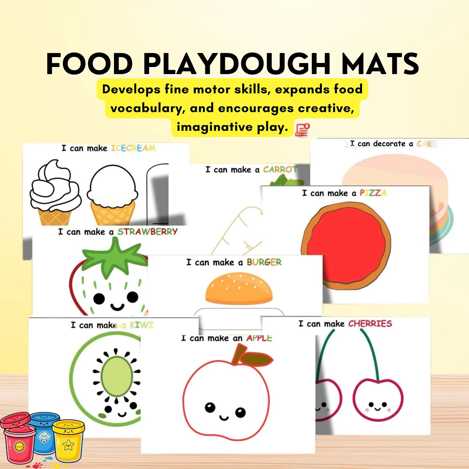 Food Playdough Mats Printable | Visual Cards | Fine Motor Skills | Sensory Activity
