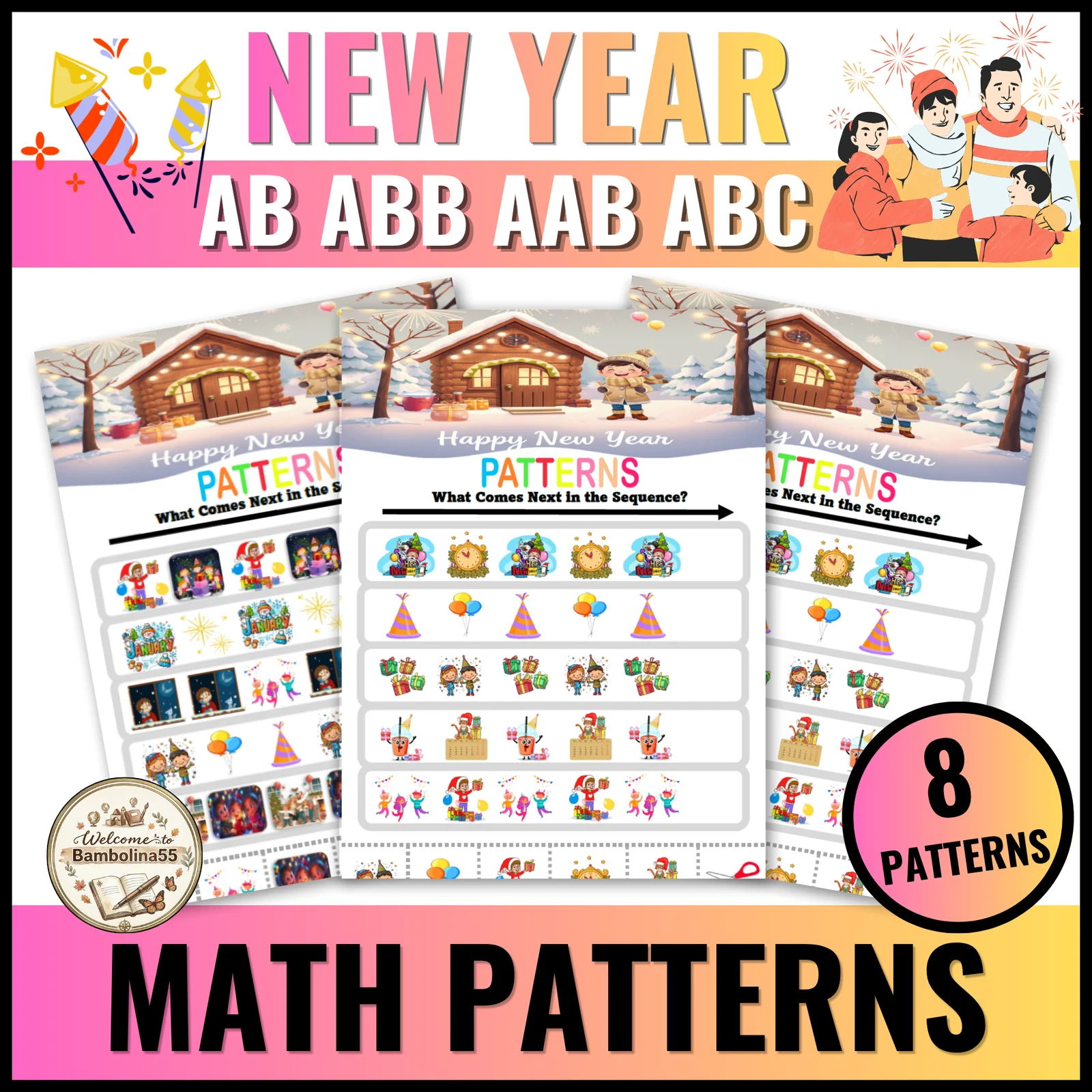 New Year Finish the Pattern Worksheets Engaging Activity for PreK & Kindergarten