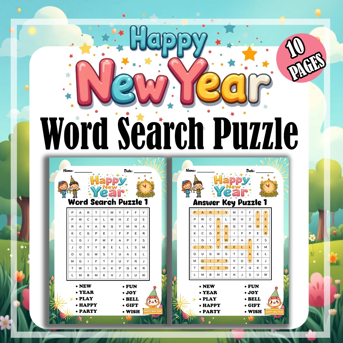 Happy New Year Word Search Puzzle Game Fun Educational Activity for Kindergarten