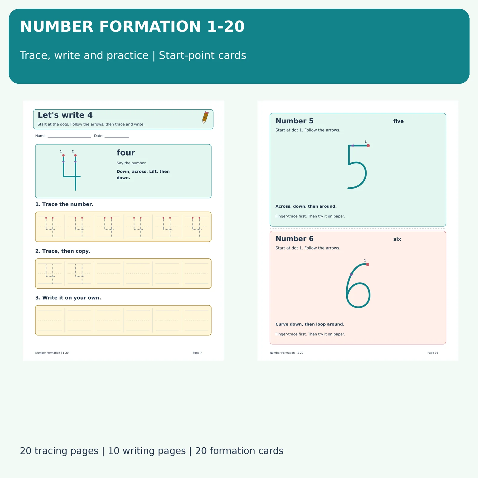 Number Tracing and Writing Practice 1-20 | Start-Point Number Formation Cards