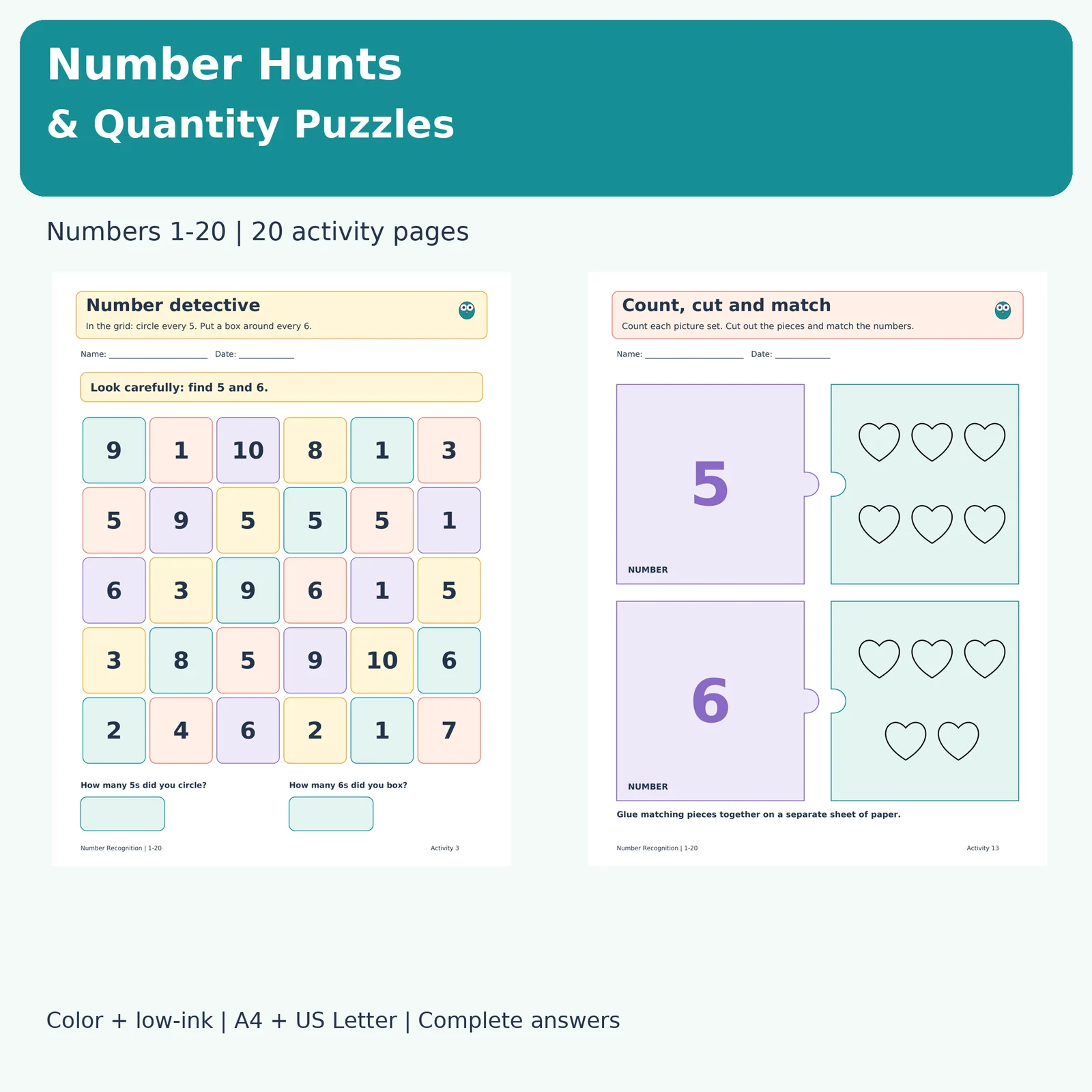 Number Hunts & Quantity Puzzles 1-20 | Colorful Number Recognition Activities