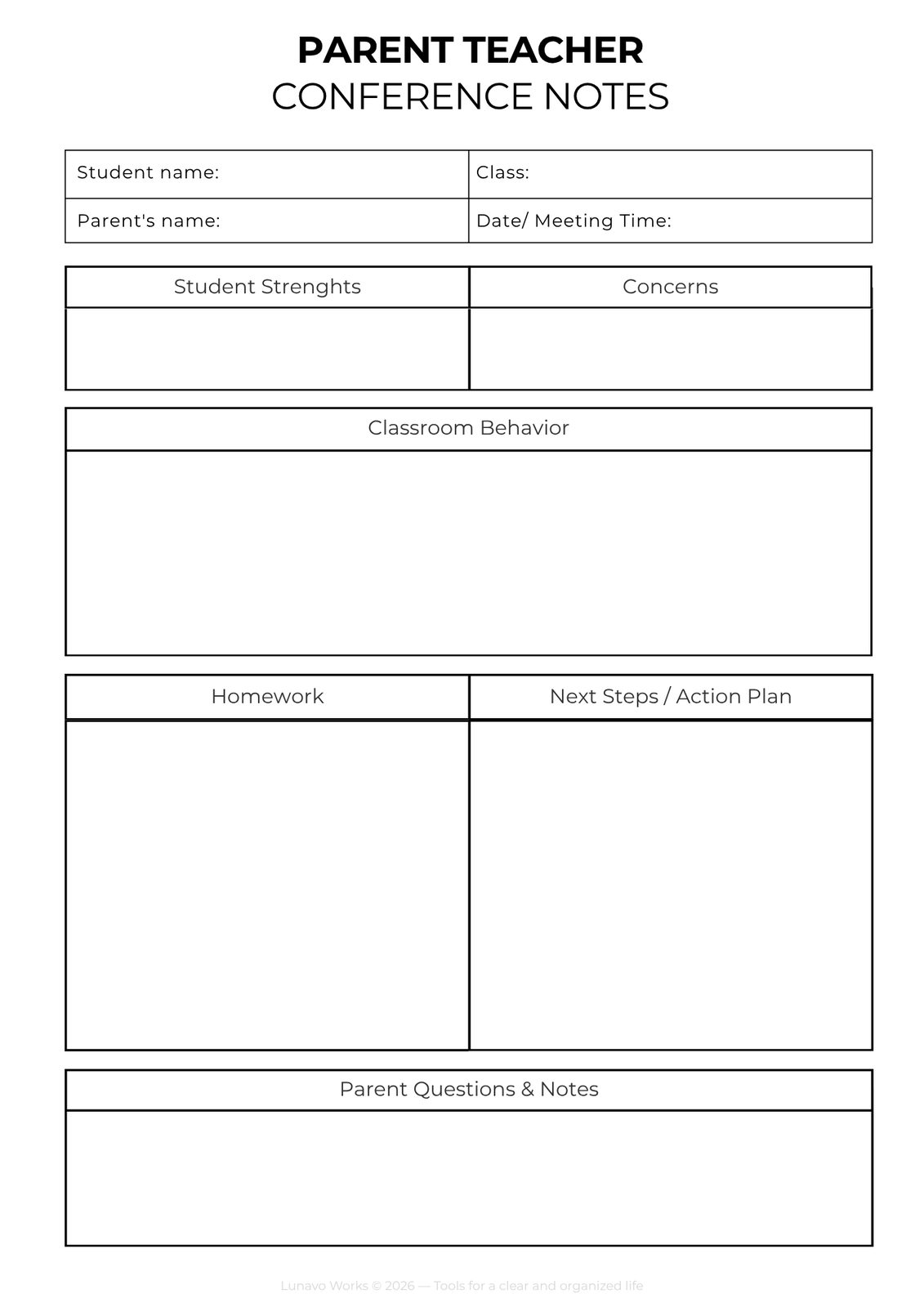 Parent Teacher Conference Notes Form | Printable Meeting Template