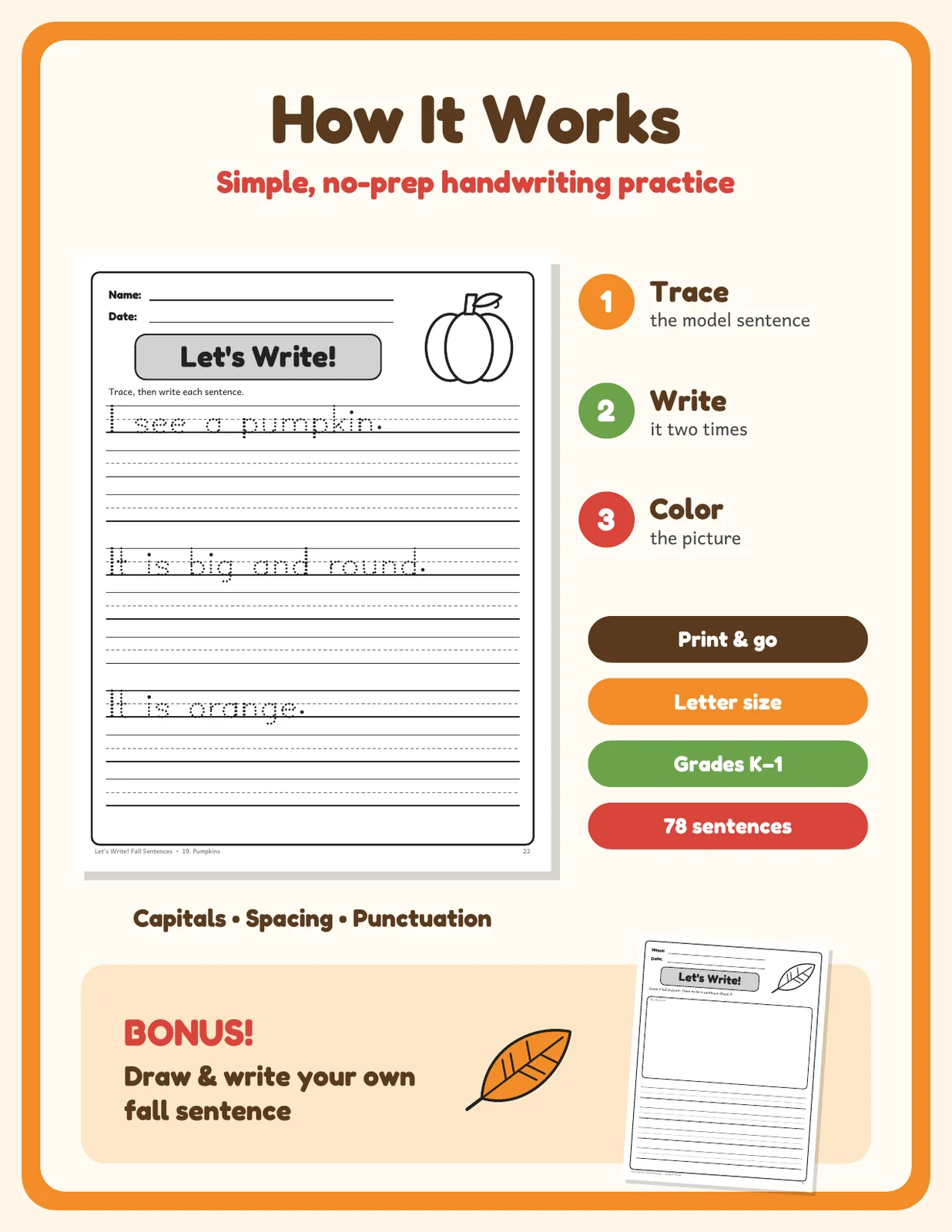 Fall Sentence Tracing Worksheets | Handwriting Practice | K–1