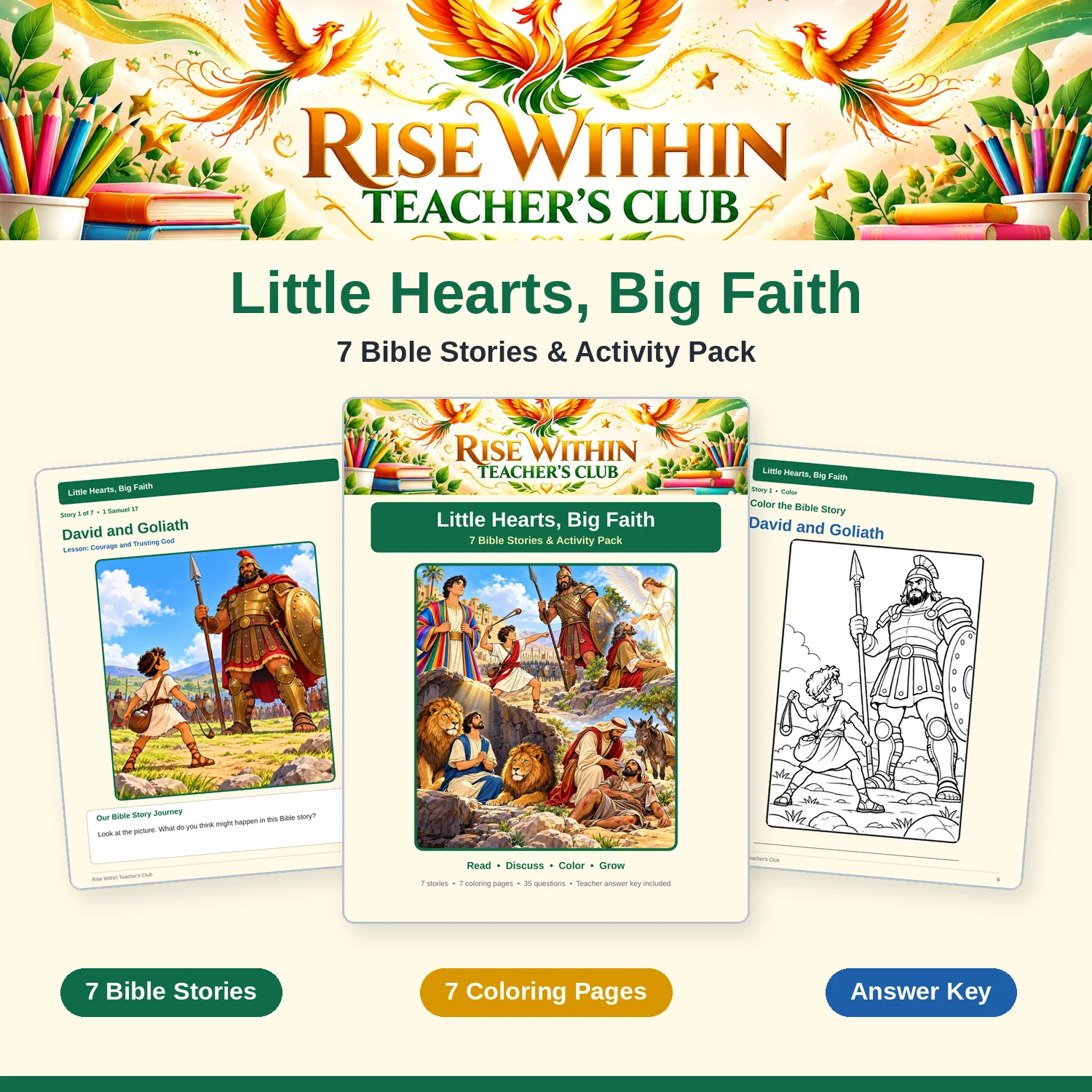 Little Hearts, Big Faith | 7 Bible Stories and Activity Pack | Coloring Pages, Questions, Lessons and Answer Key | Printable