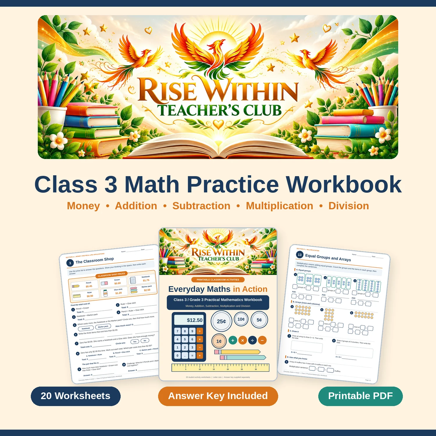 Class 3 Math Practice Workbook | Money, Addition, Subtraction, Multiplication & Division | Printable + Answer Key