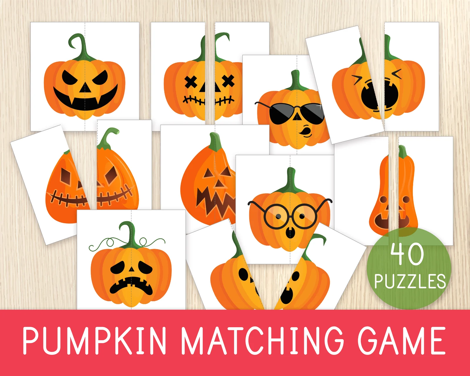 Pumpkin Matching Game — Jack O Lantern Halloween Puzzles — Autumn-Fall Activity — Matching Skills Game