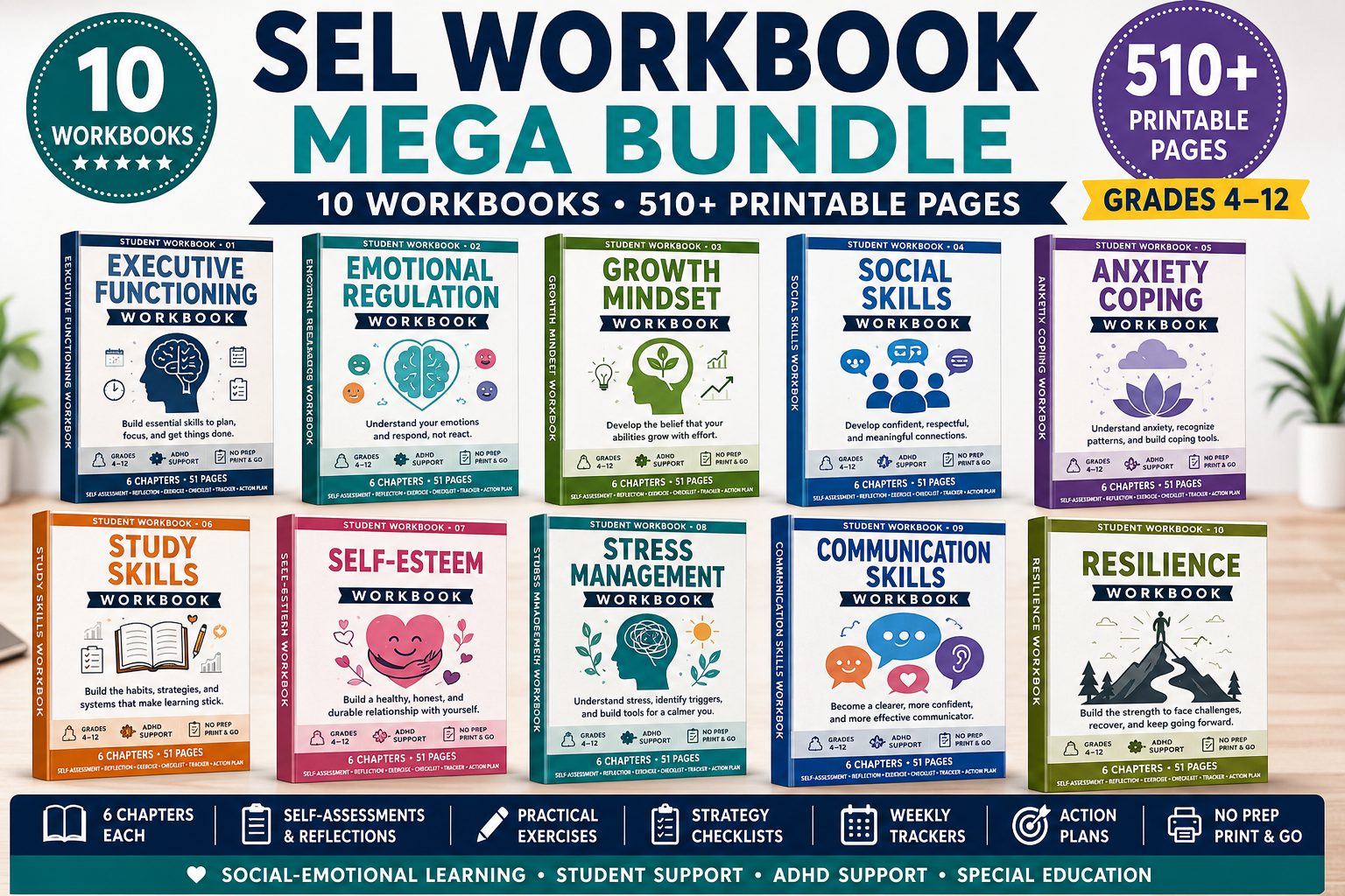 Social Emotional Learning Workbook Mega Bundle | 10 Printable Workbooks